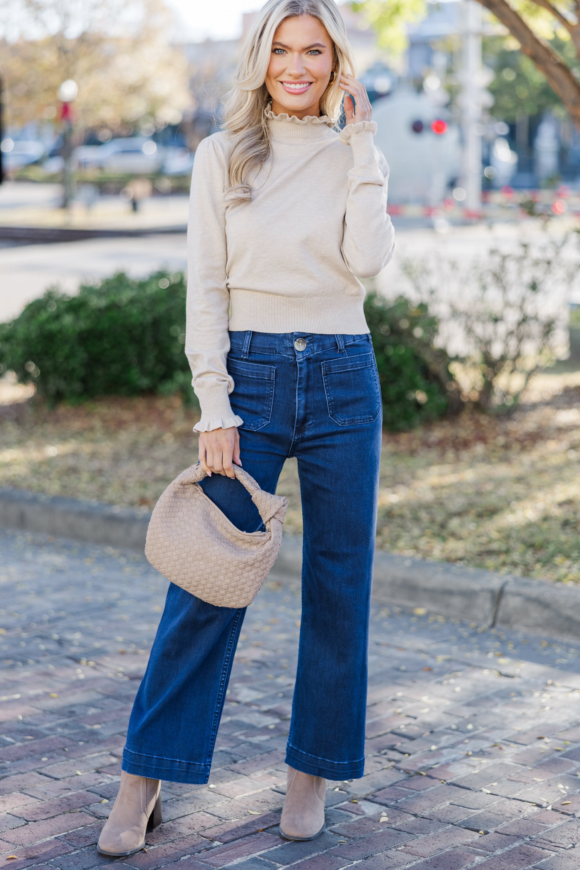 Enchanting Oatmeal Ruffled Return Sweater