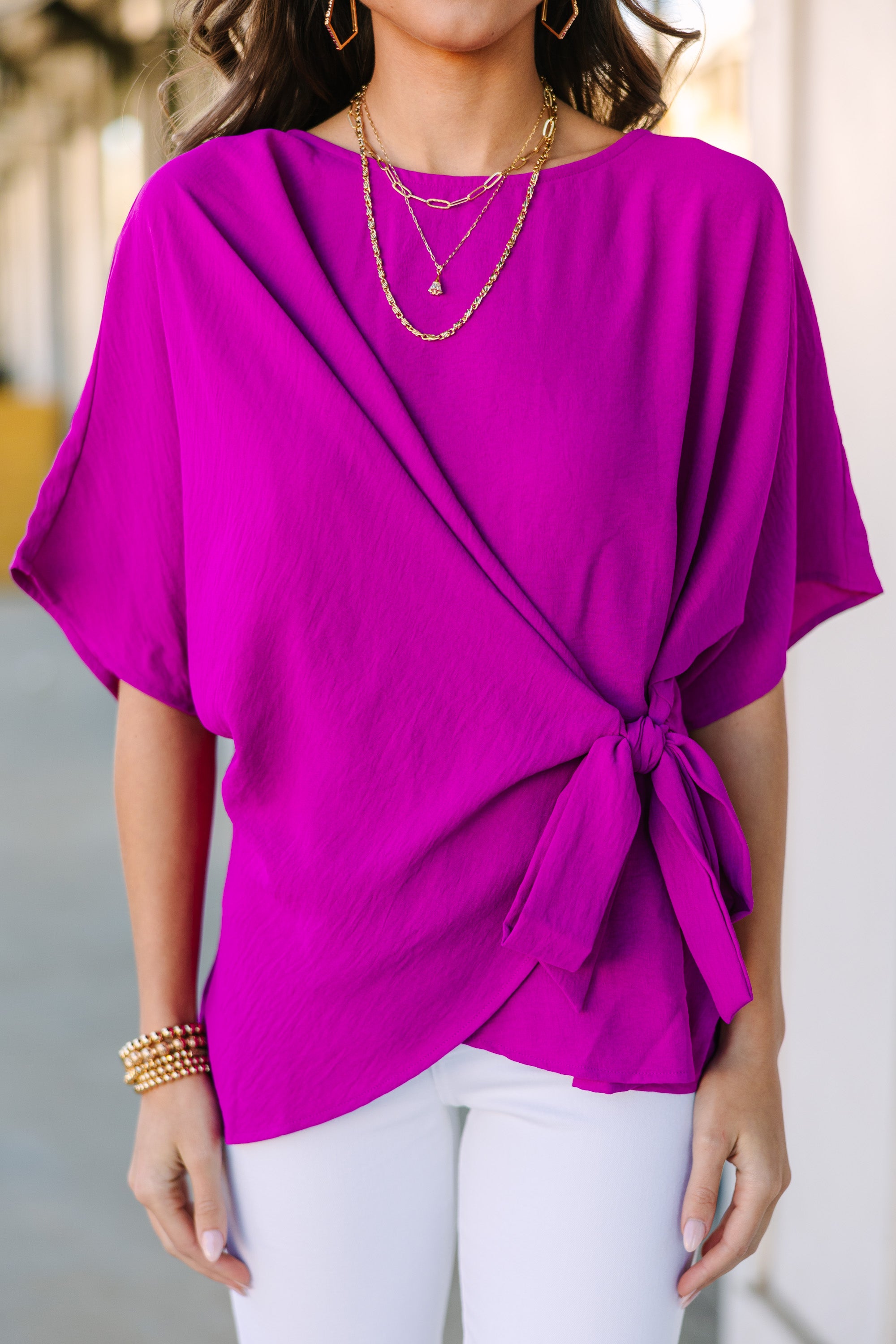 Joyful Magenta Pink Tied Feminine Blouse