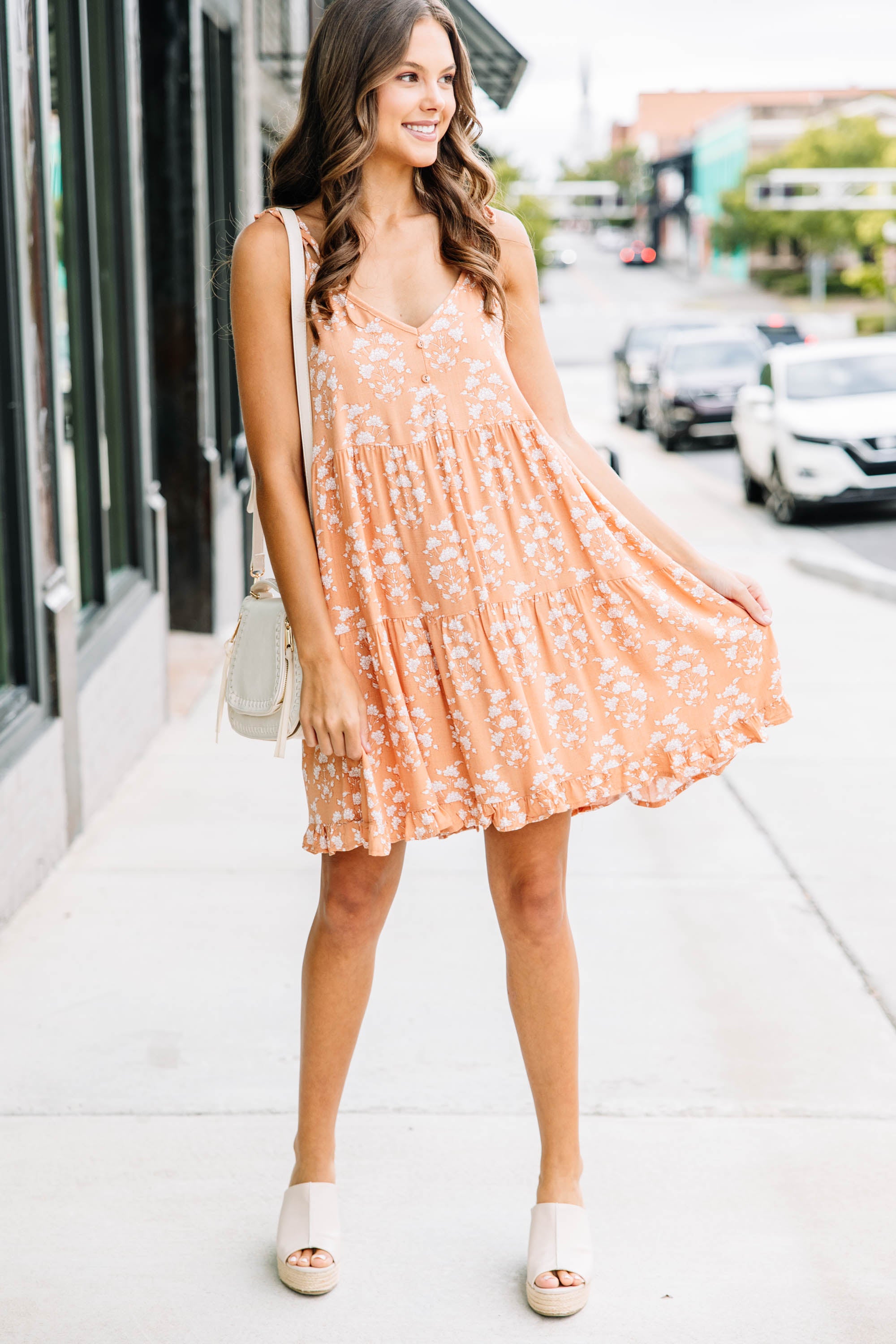 Gorgeous Dusty Peach Orange Floral Summer-Fall Sun Dress