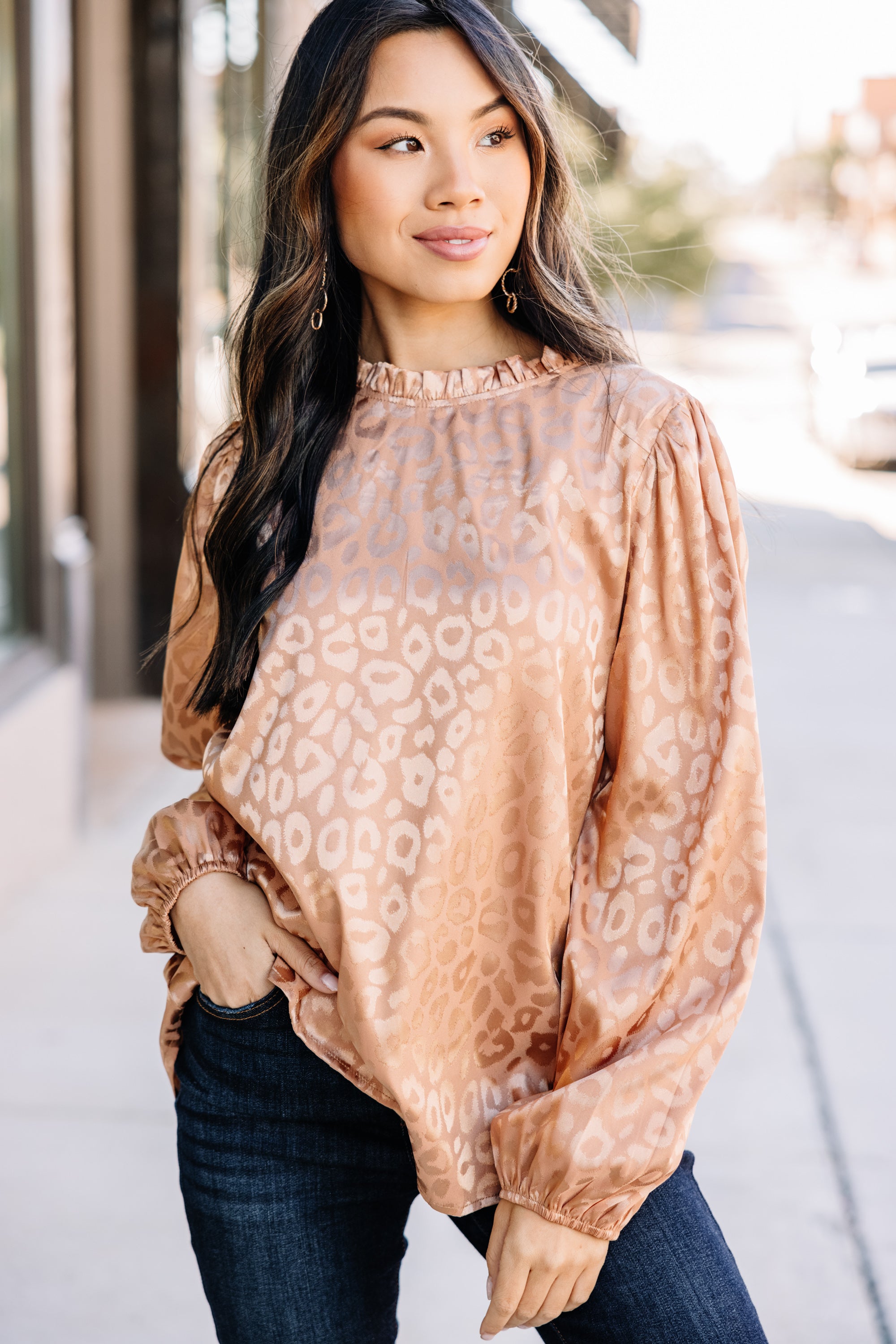 Joyful Mocha Brown Satin Leopard Print Blouse