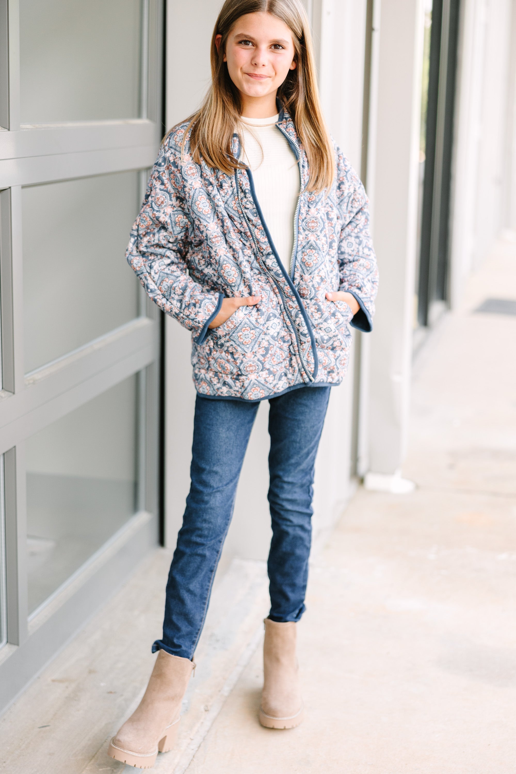 Gorgeous Girls' Blue Paisley Quilted Jacket: See Your Style Through!