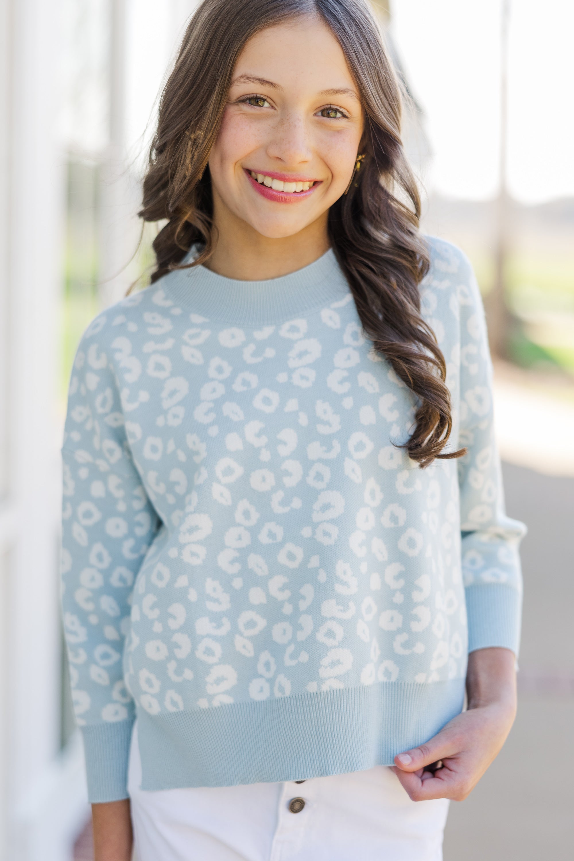 Girls' Irresistible Light Blue Leopard Sweater