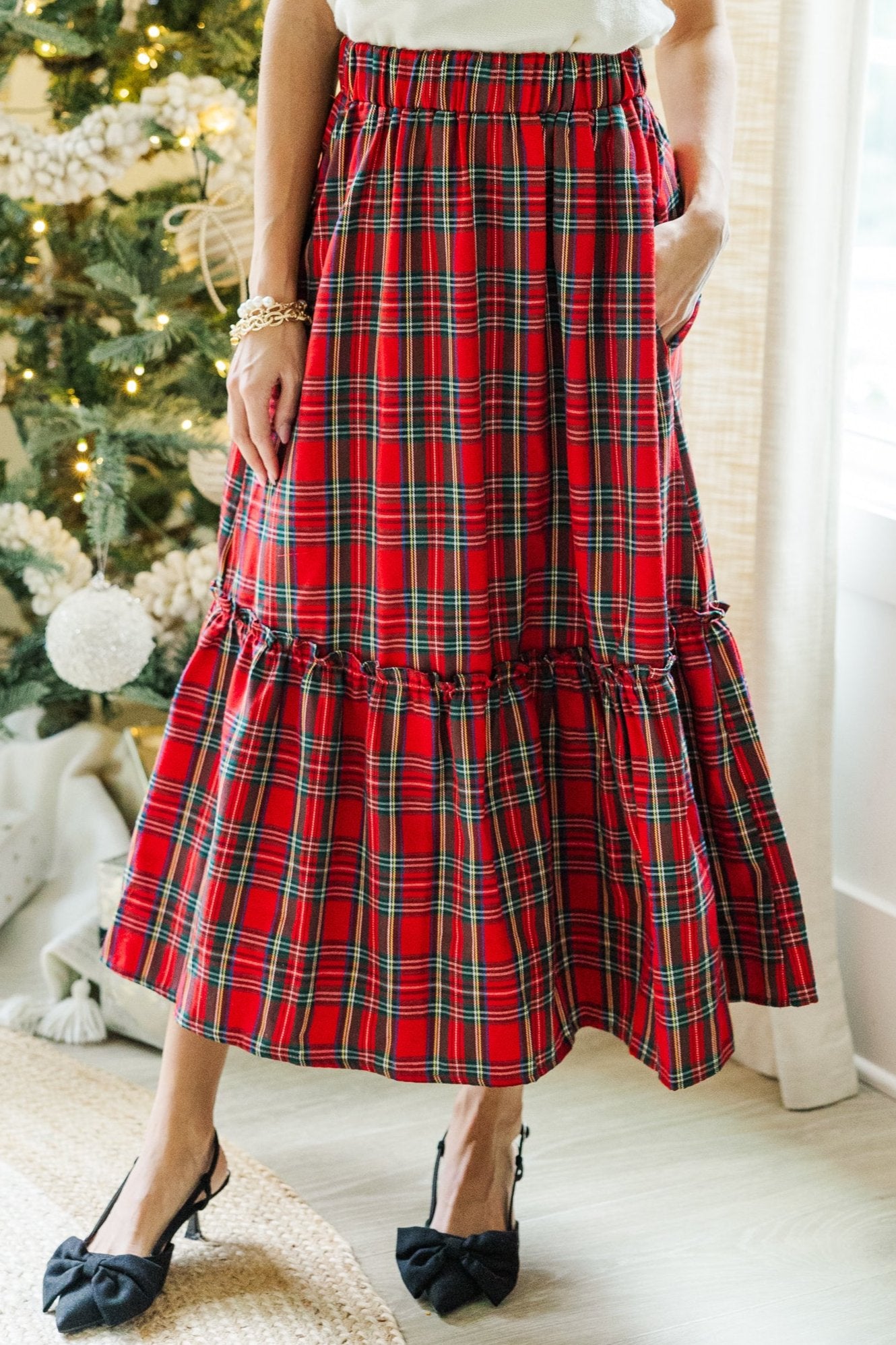 Enchanting All In A Dream Red Tartan Plaid Midi Skirt for the Holidays