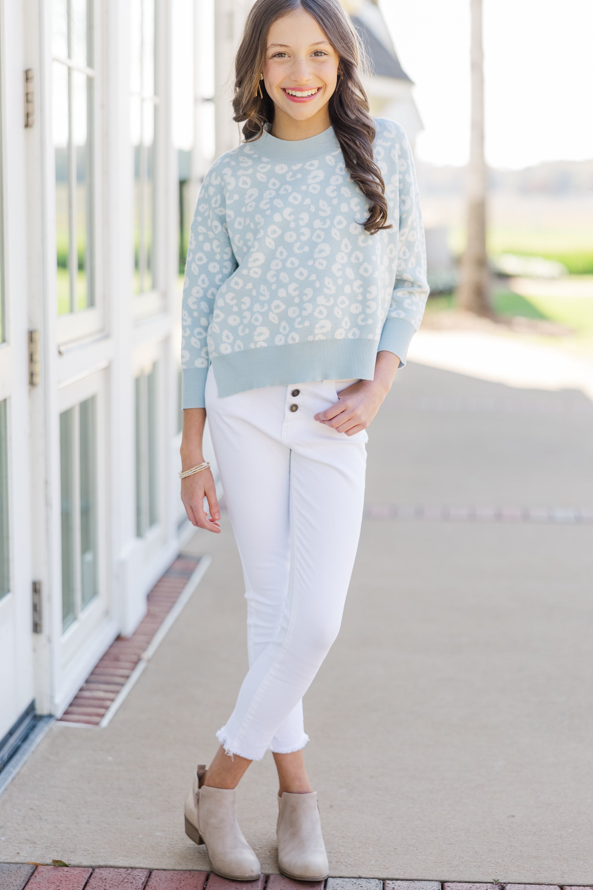 Girls' Irresistible Light Blue Leopard Sweater