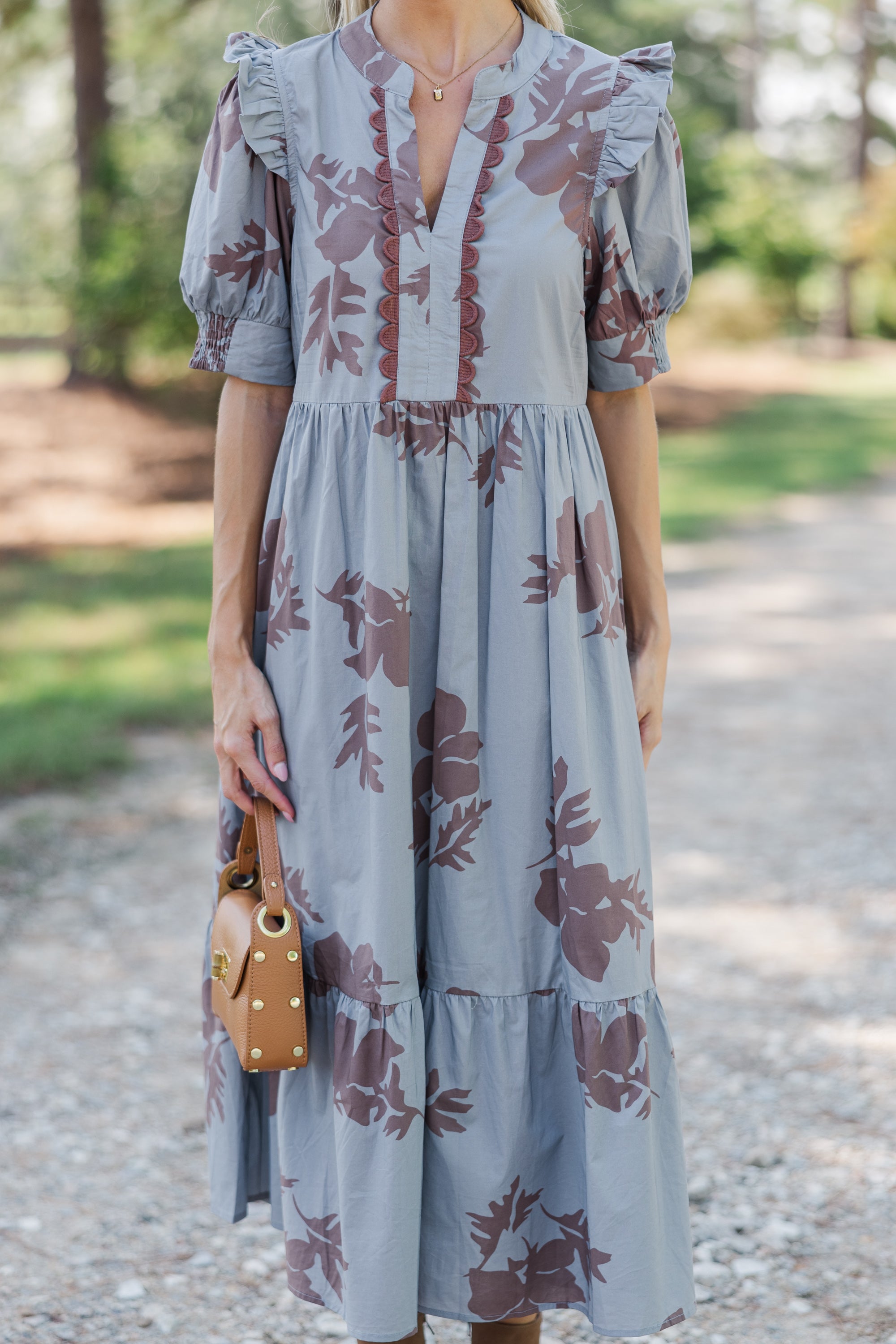 Enchanting Slate Blue Floral Midi Dress: Fall's Allure