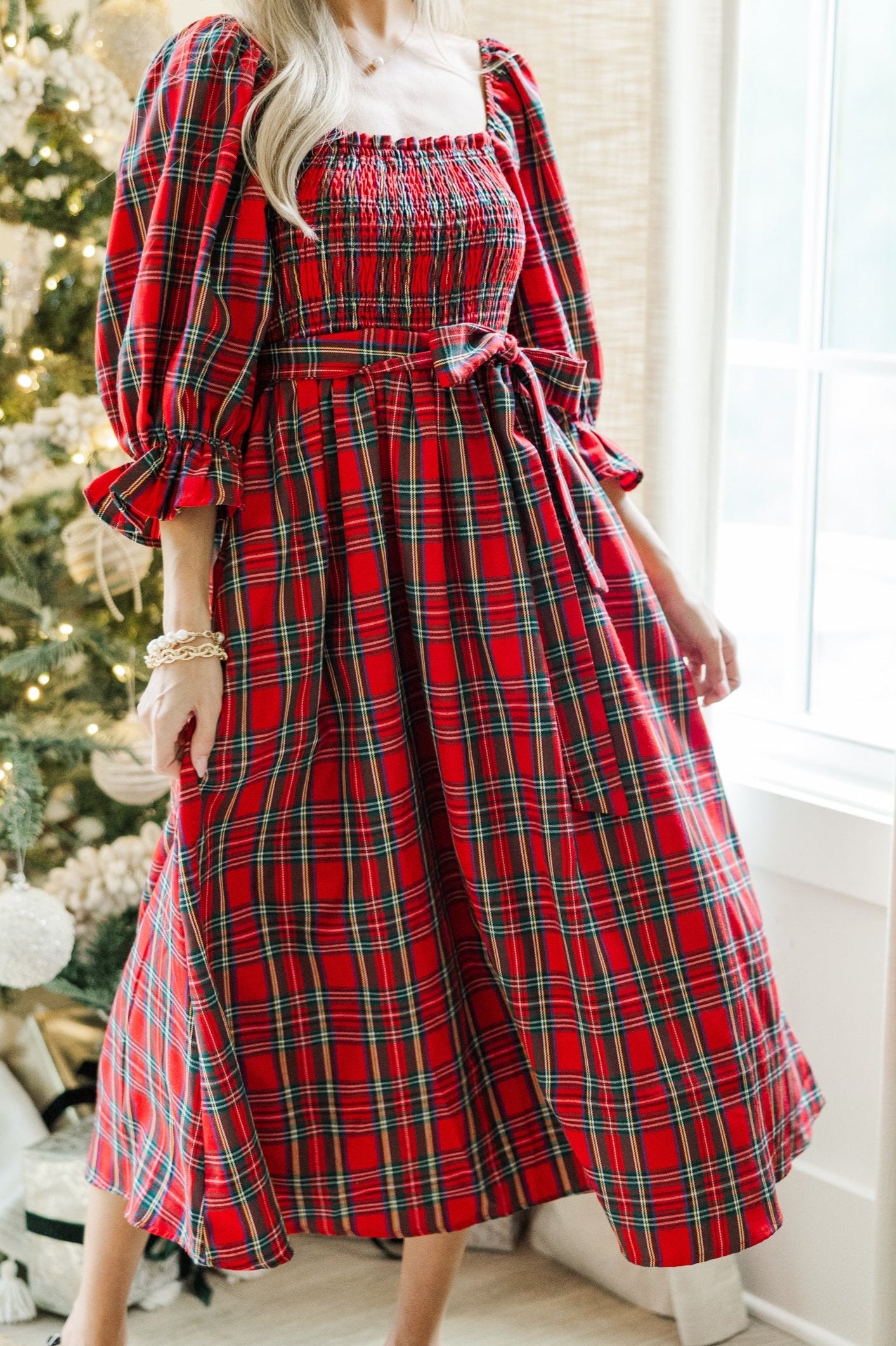 Irresistible Red Tartan Plaid Midi Dress for the Holidays