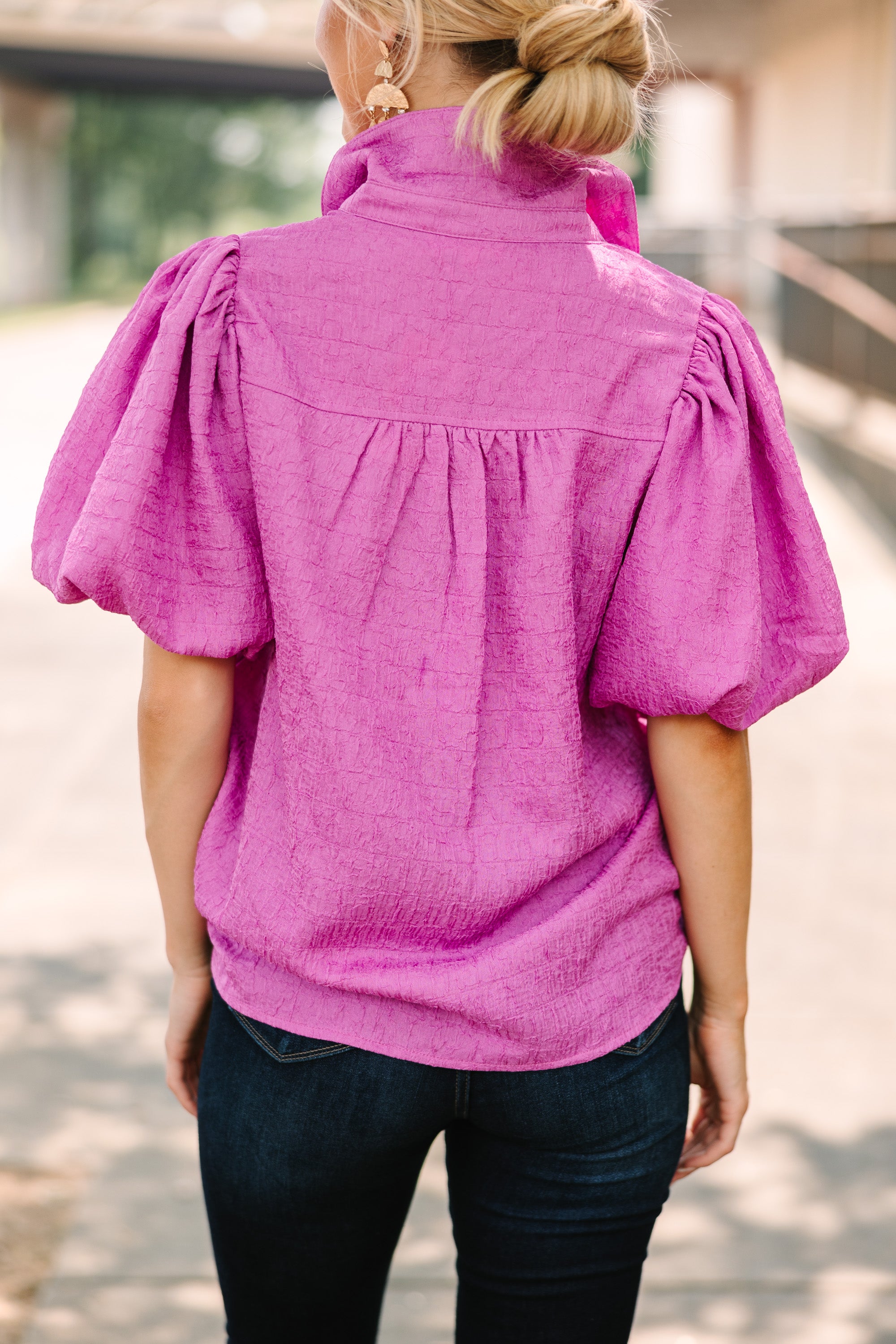 Chic Purple Textured 'Happy You're Here' Orchid Blouse