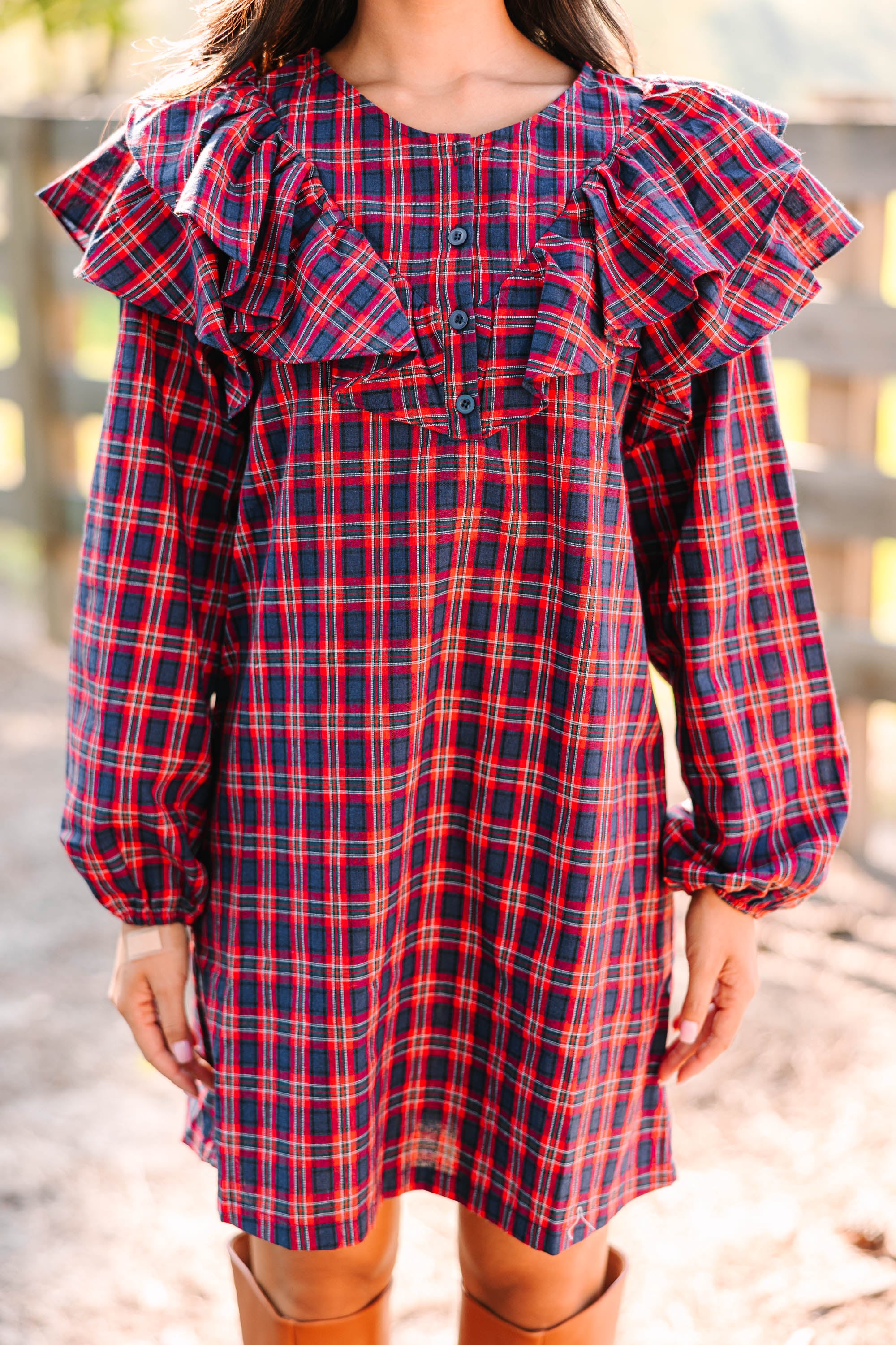 Charming Navy Blue Plaid Shift Dress for Festive Fun