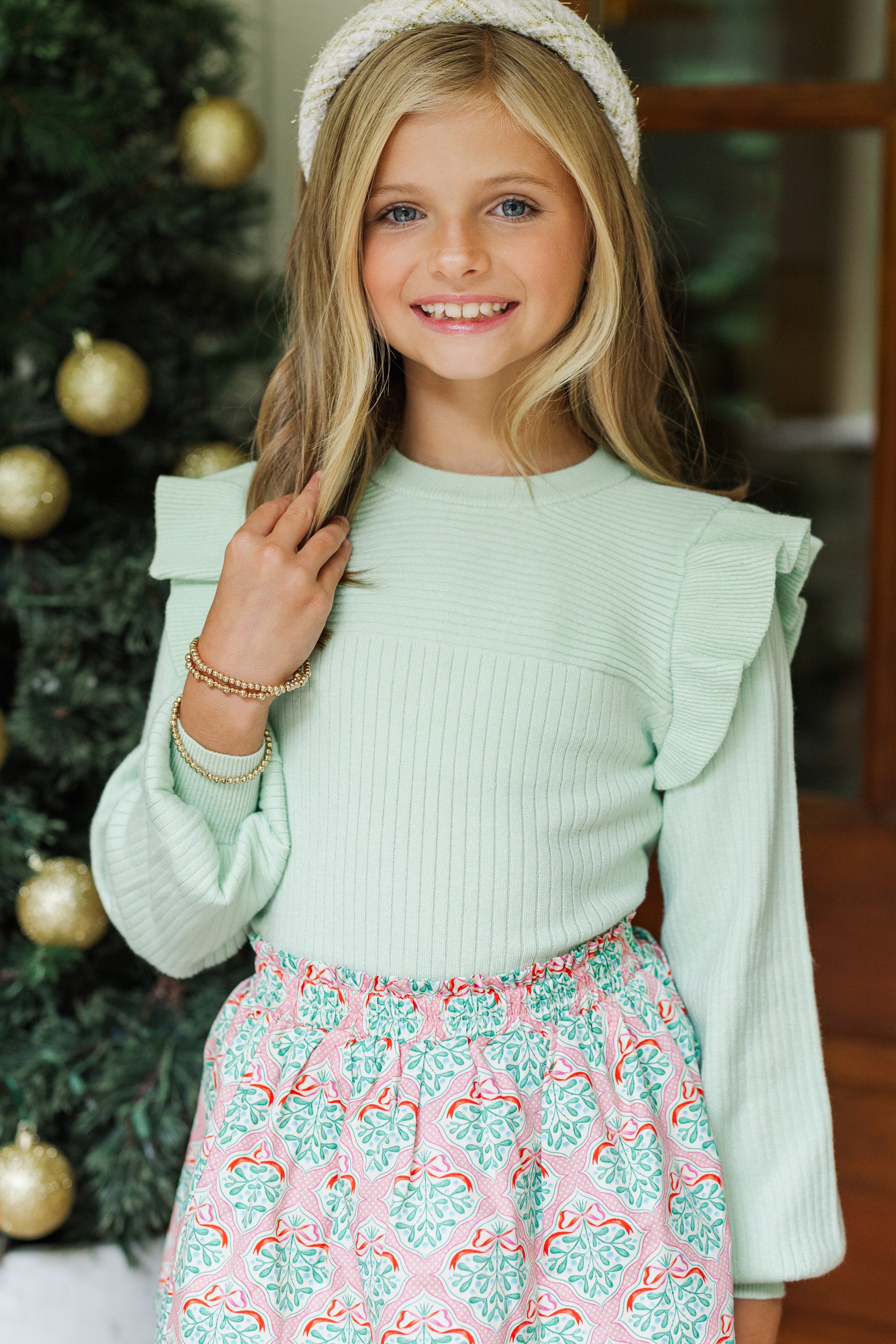 Girls' Mint Green Ruffled Reach - Out Sweater