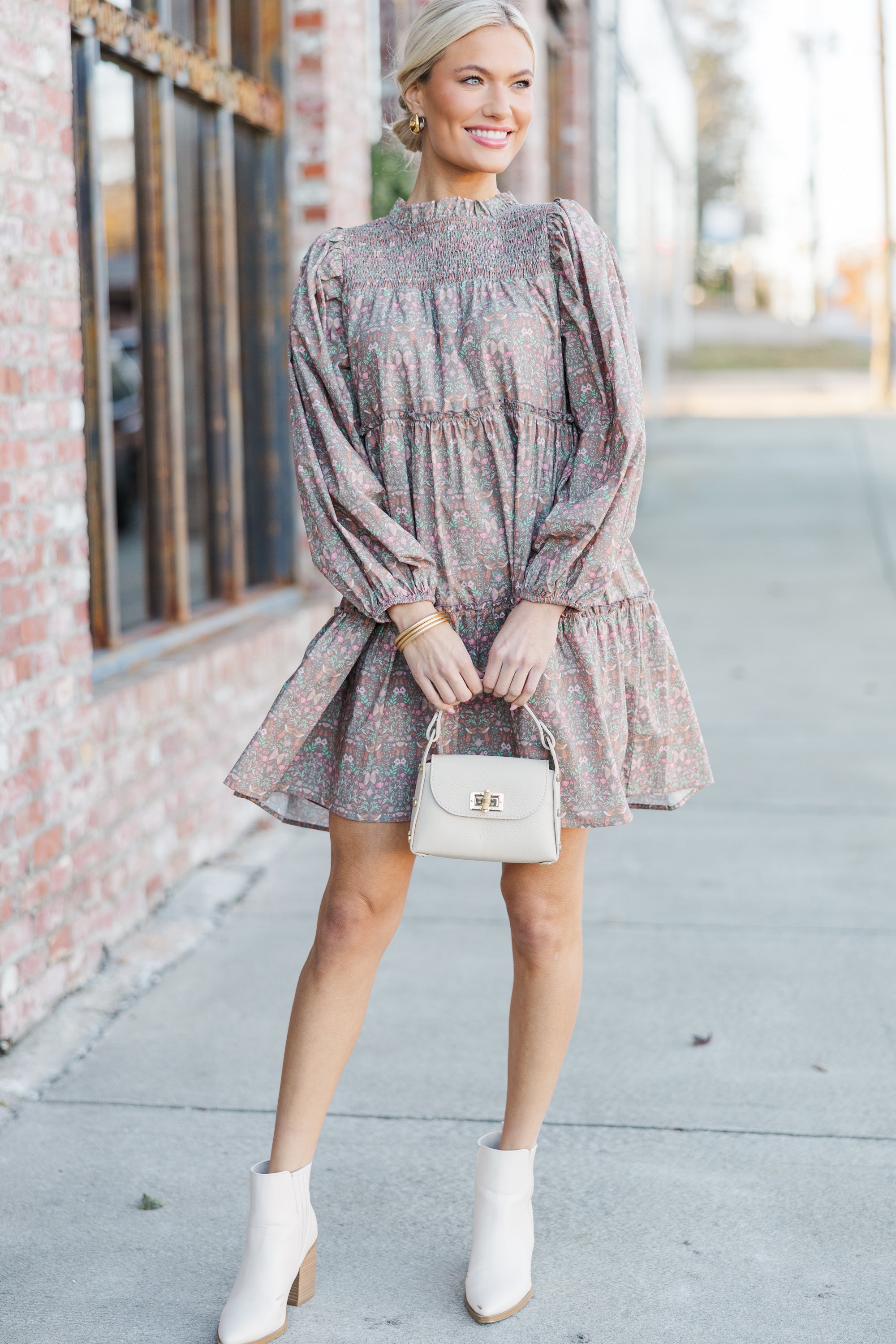 Gorgeous Muted Brown Floral Babydoll Dress - Be Your Best!