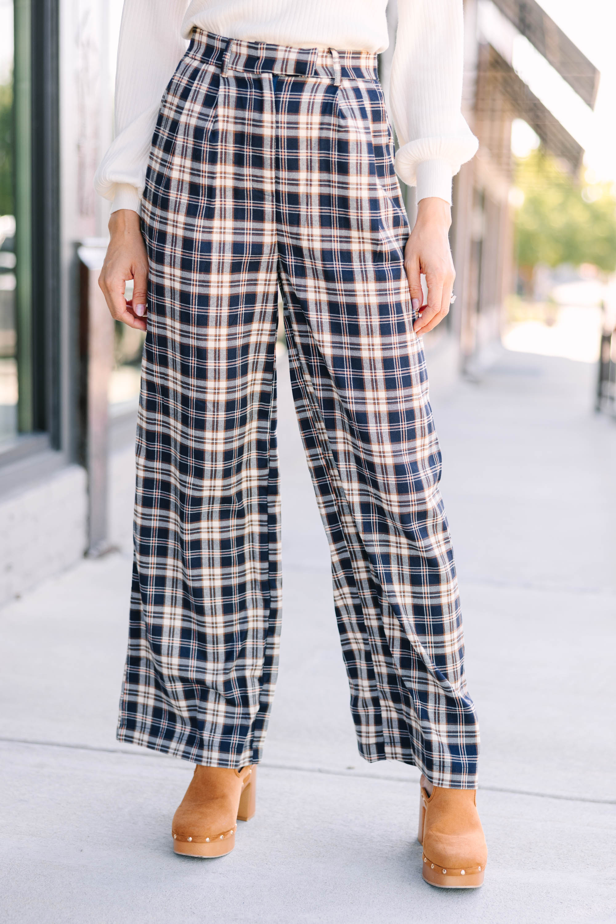 Be Direct Navy Blue Plaid Wide Leg Pants - A Chic Fall Essential