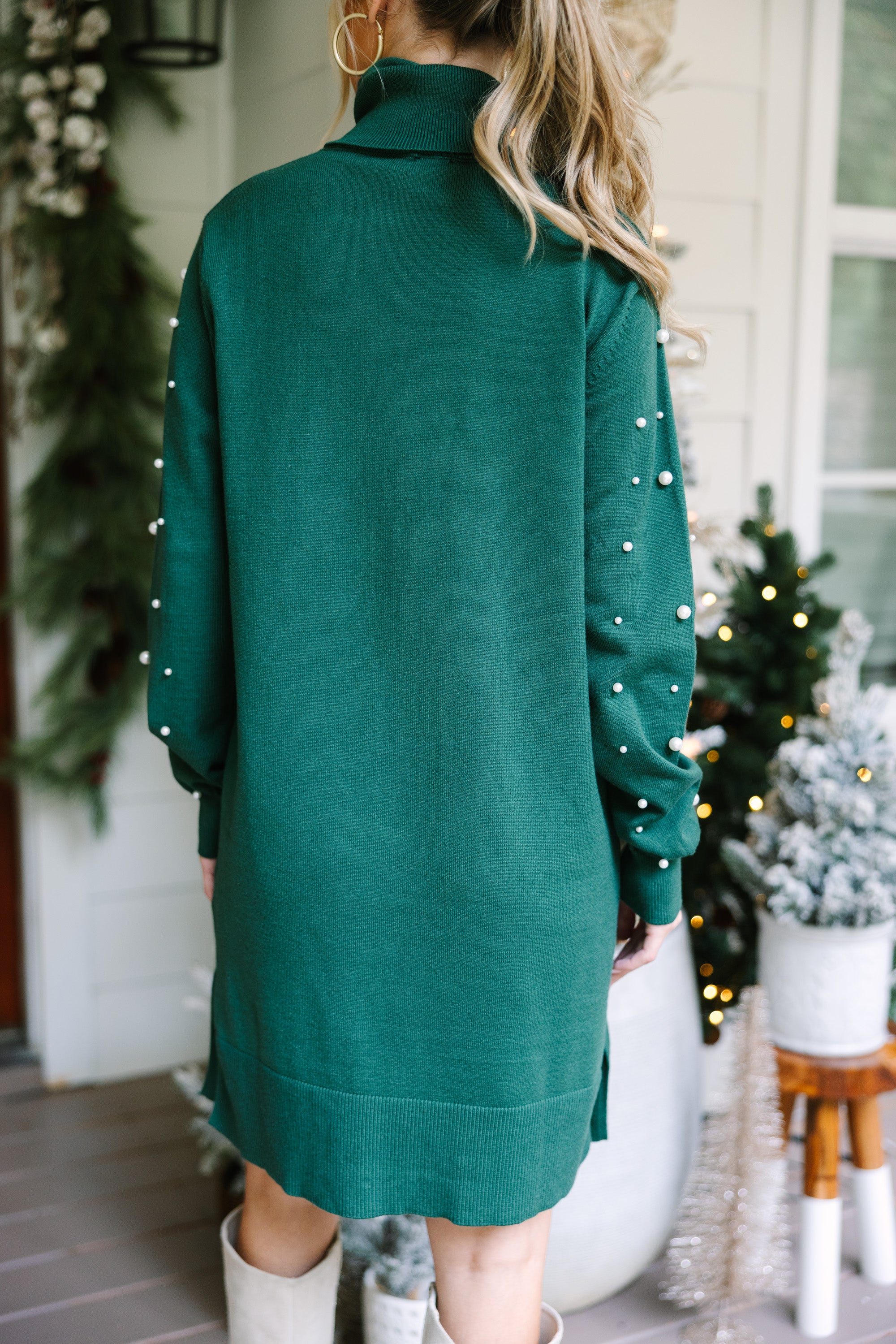Fall in Love with Our Emerald Green Pearl-Embellished Sweater Dress