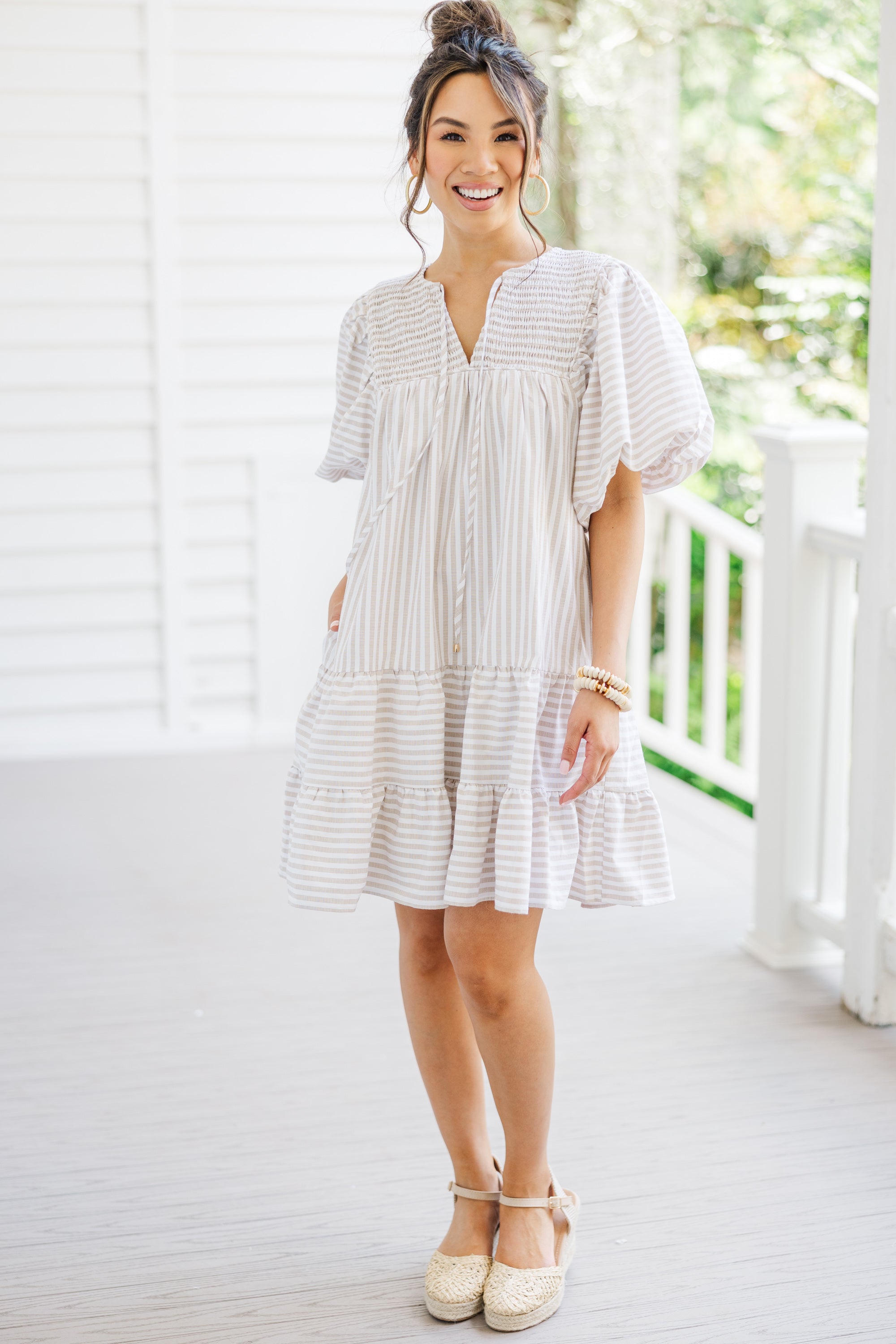 Fall in Love with Our Sand Brown Striped Face - The - Day Dress