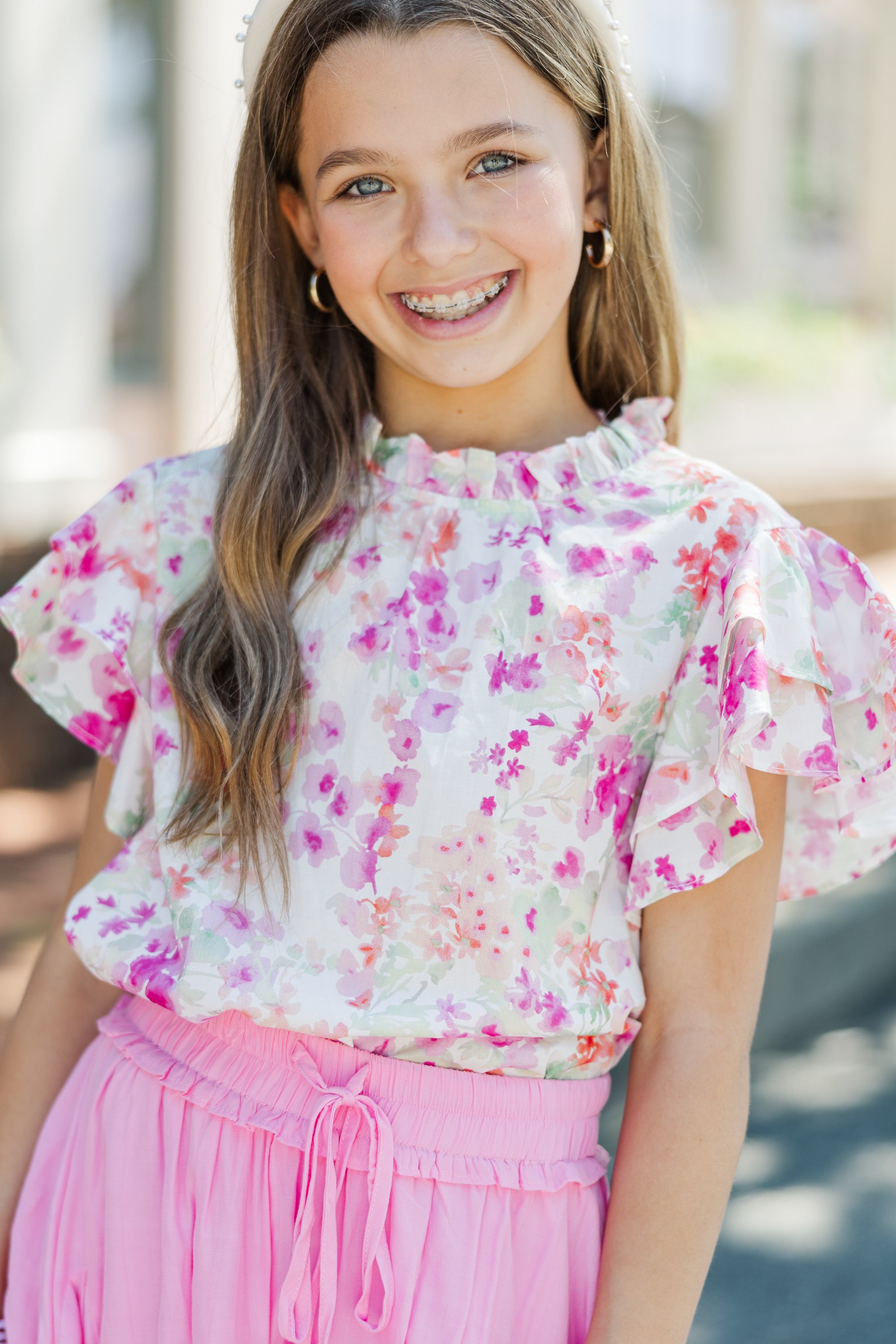 Heart - Melting Pink and Green Ditsy Floral Blouse for Girls