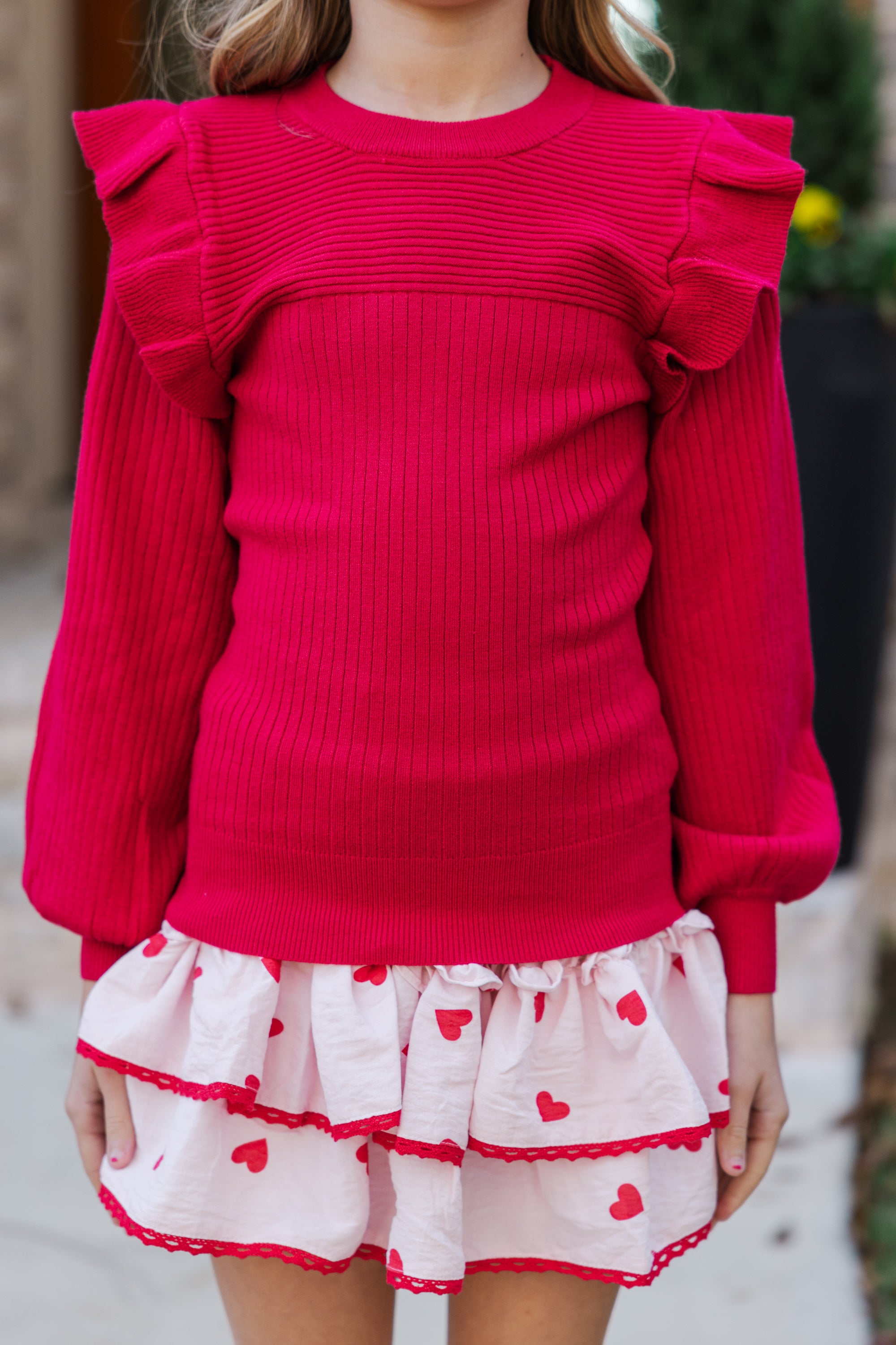Girls' Reach-Out Red Ruffled Sweater: Look Adorable Now!