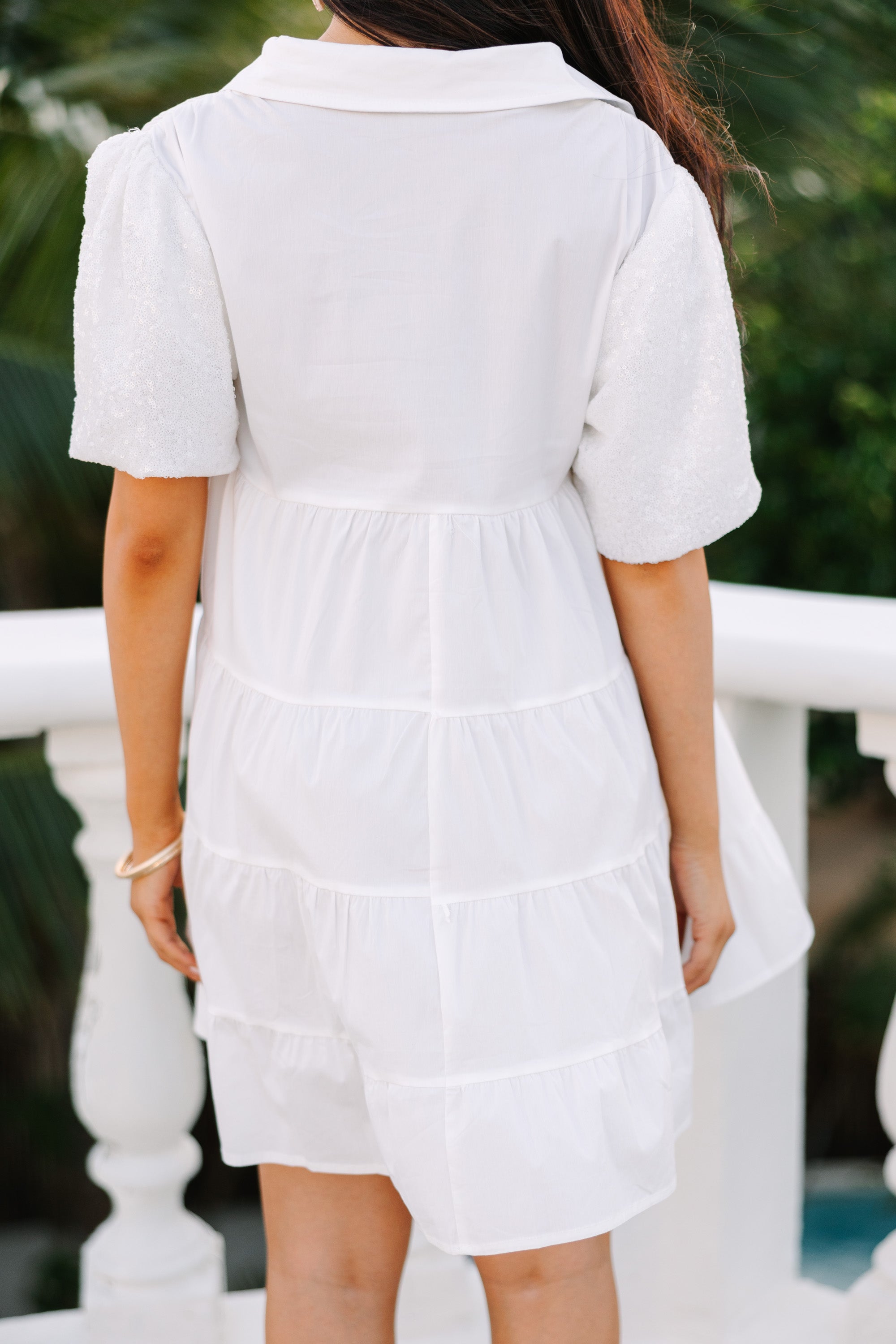 Enchanting White Sequin Sleeve Baby Doll Dress