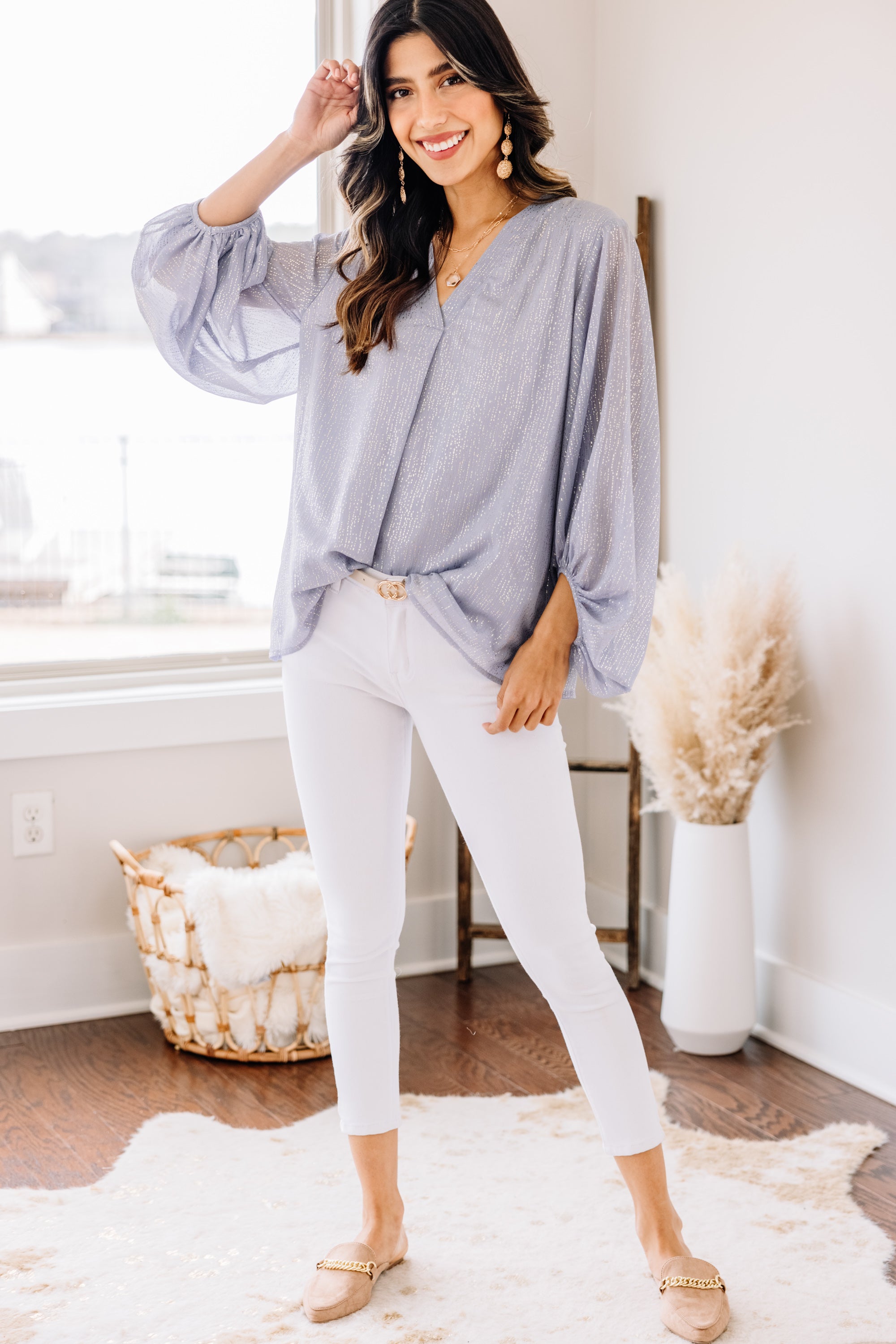 Confidence-Boosting Misty Blue Bubble Sleeve Blouse
