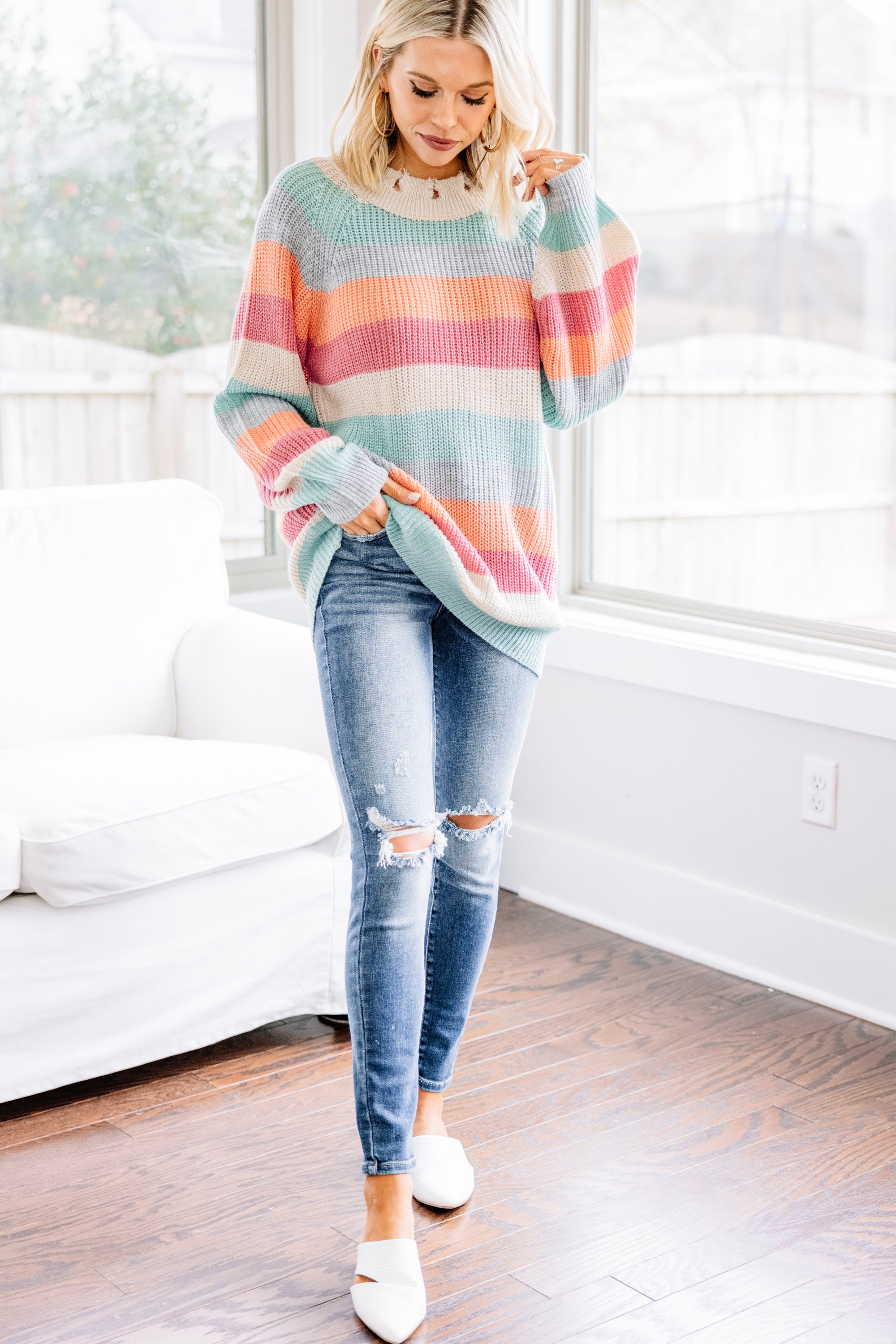 Joyful Mauve Pink Striped Spring Sweater