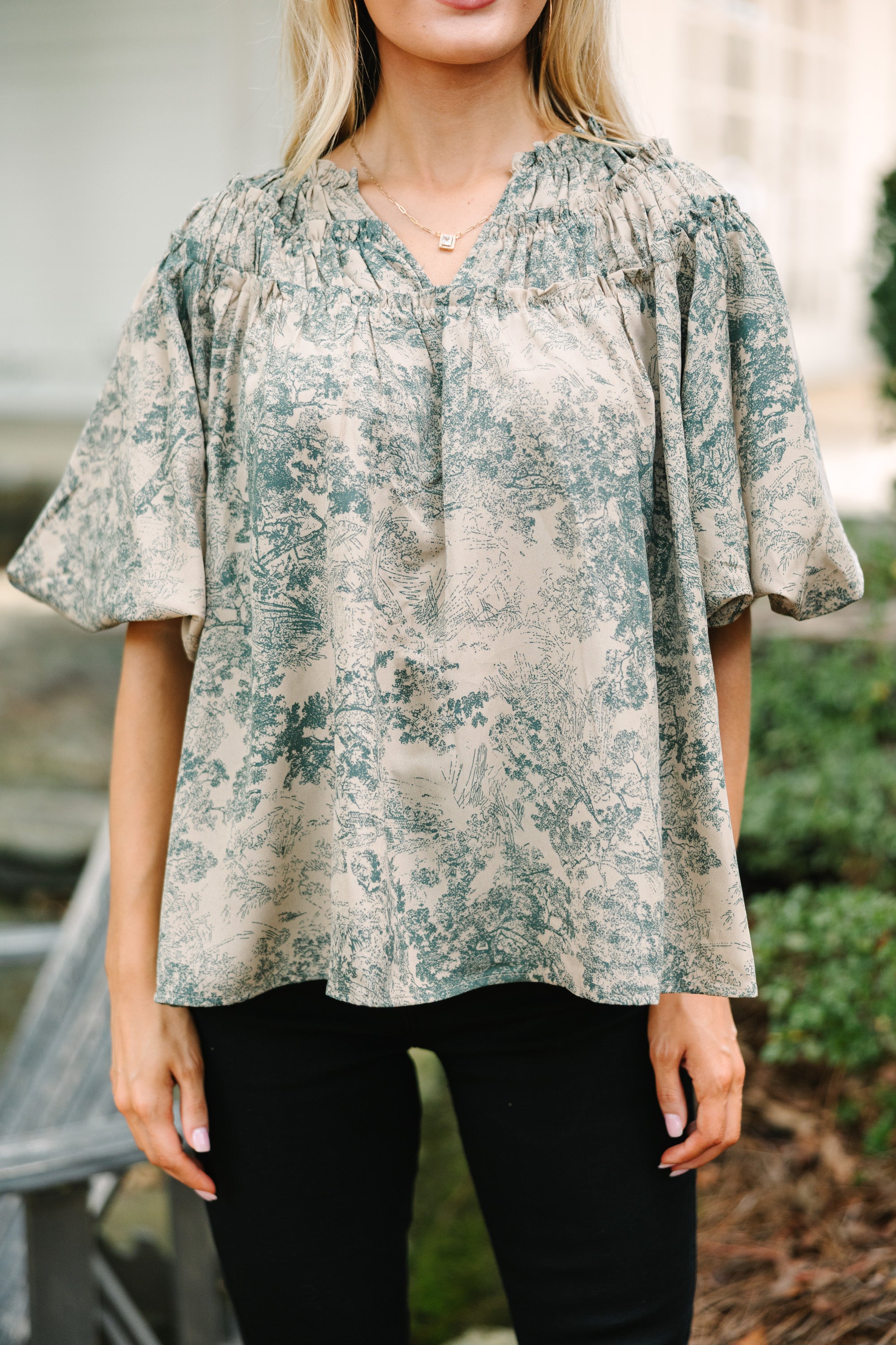 Be Yourself! Forest Green Toile Chic Blouse