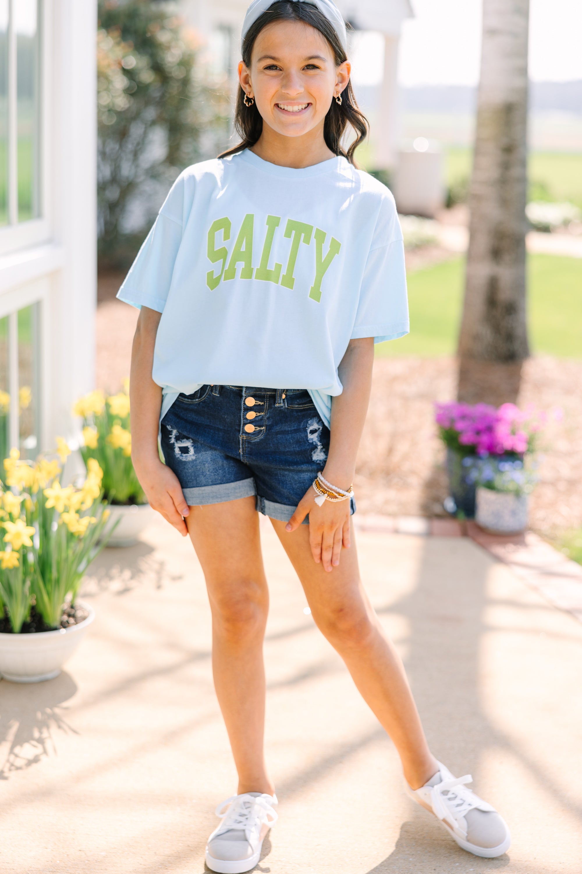 Girls' Salty Blue Oversized Graphic Tee: A Summer Must-Have!