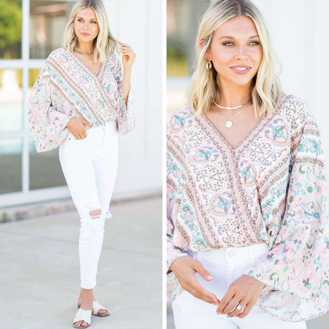 Gorgeous Feeling Renewed Blush Pink Mixed Floral Print Bodysuit