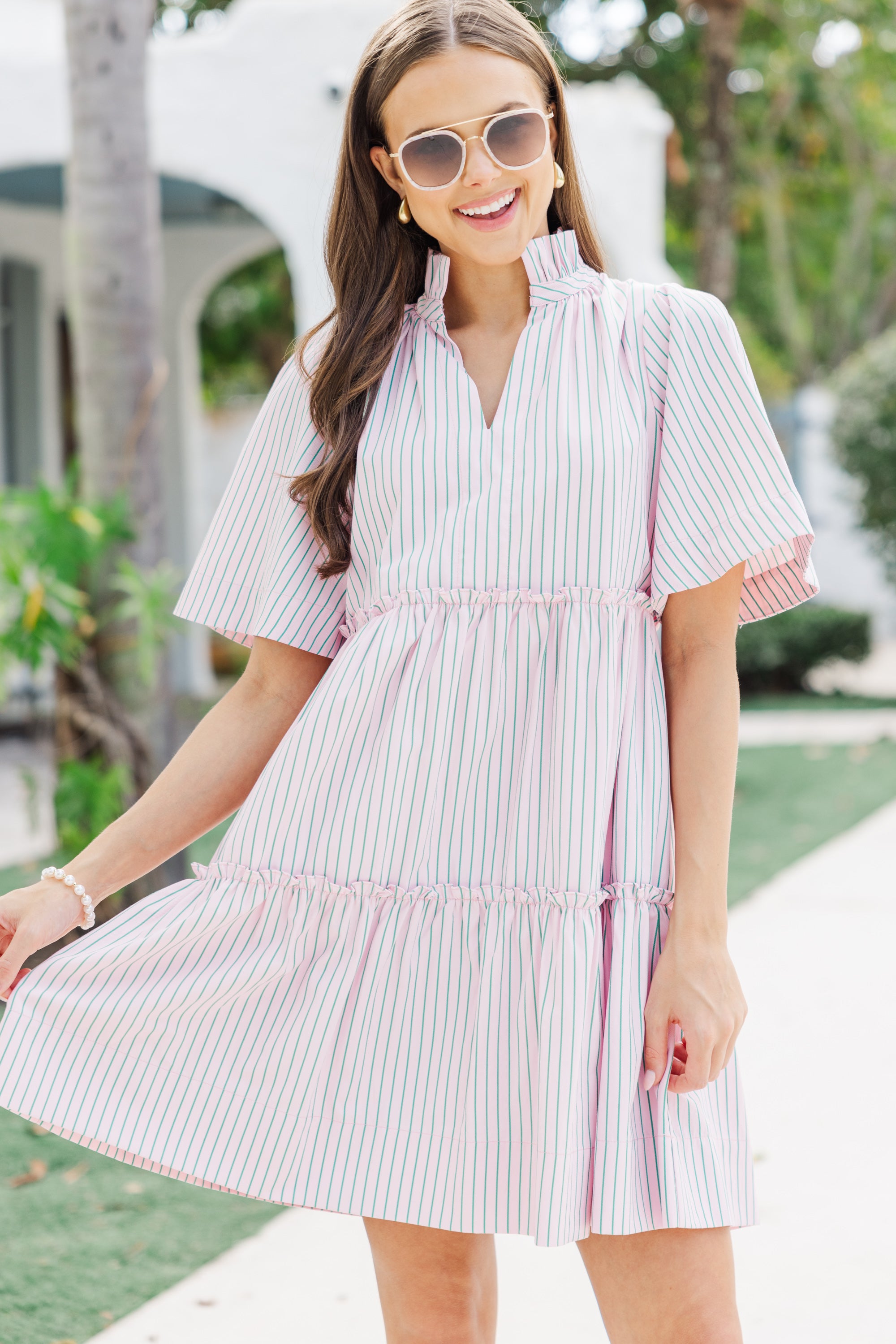 Gorgeous Pink/Green Striped Babydoll Dress for Your Best Look