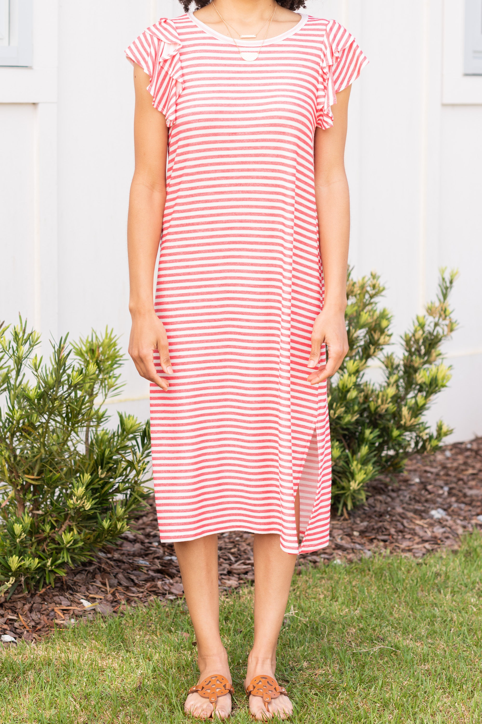 Absolutely Delightful Red Striped Midi Dress - A Must-Have!