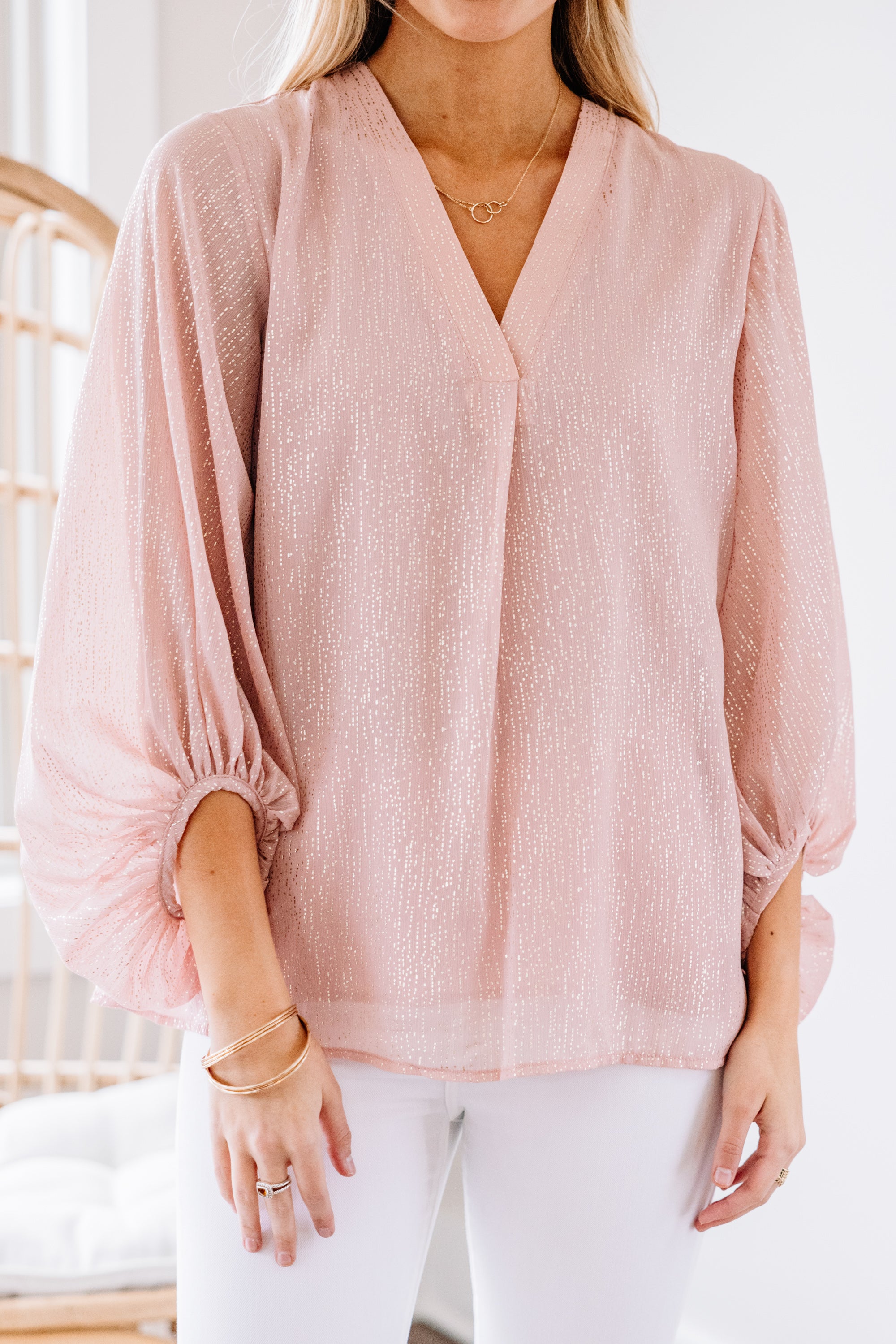 Confidence-Boosting Blush Pink Bubble Sleeve Blouse