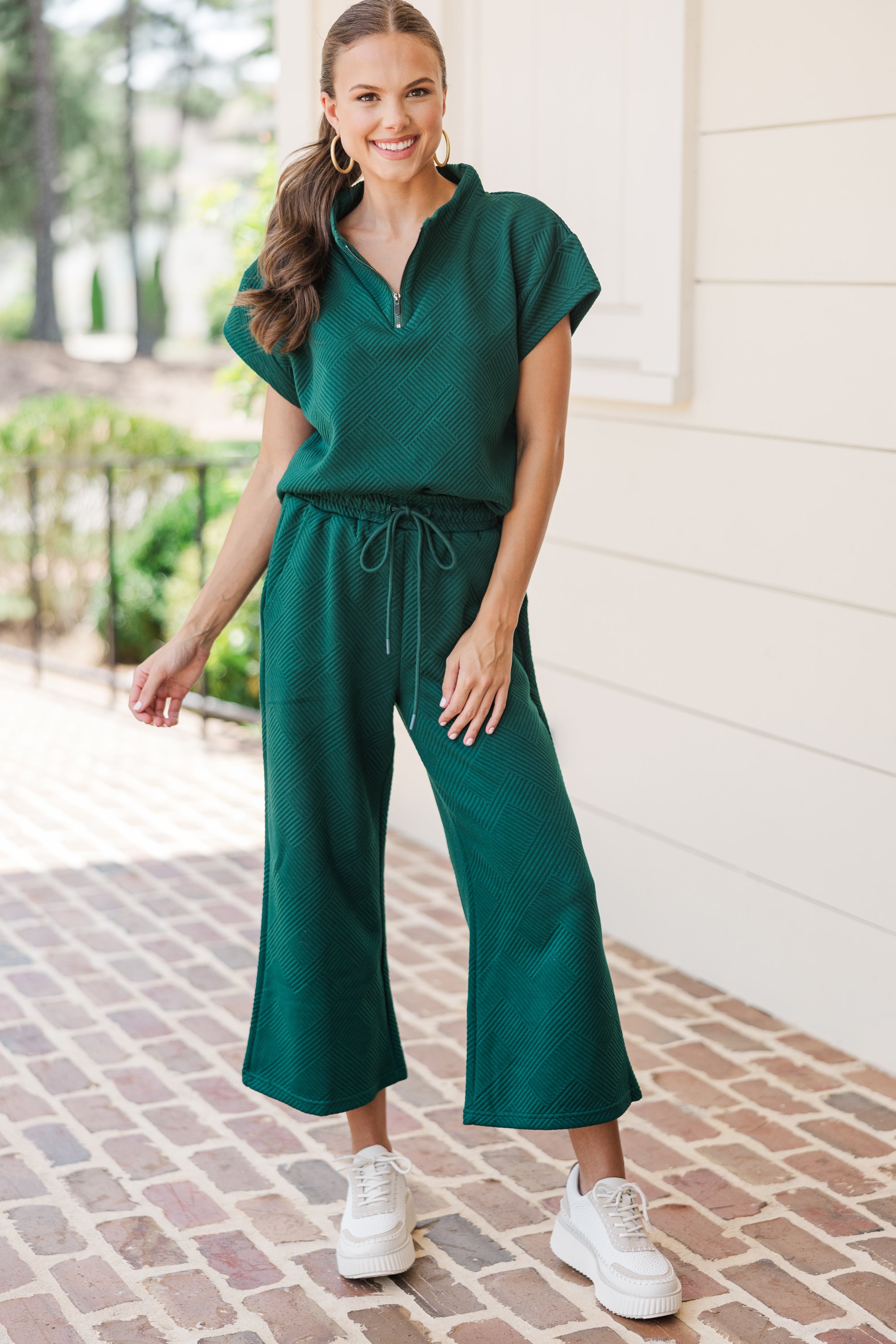Love-Filled Forest Green Textured Athleisure Top