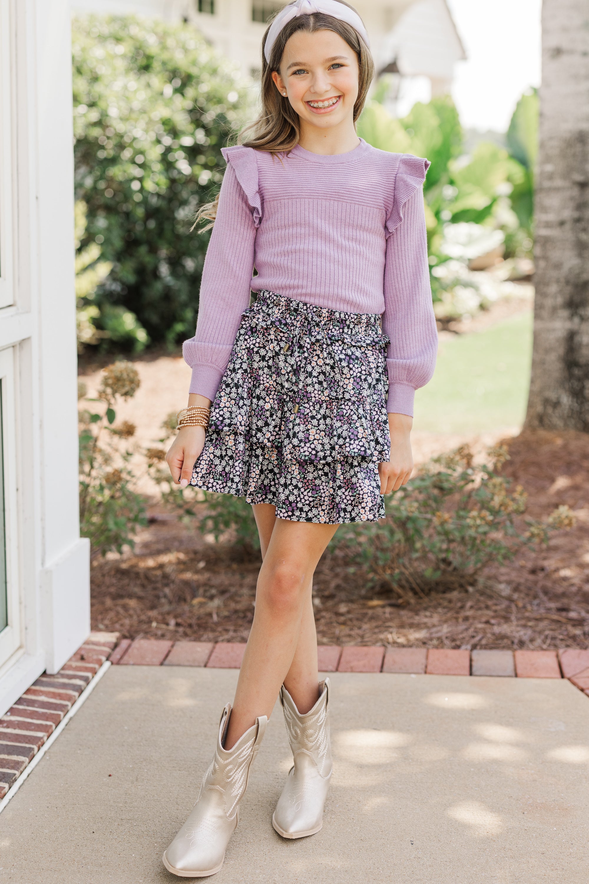 Girls' Dusty Purple Ruffled Reach-Out Sweater