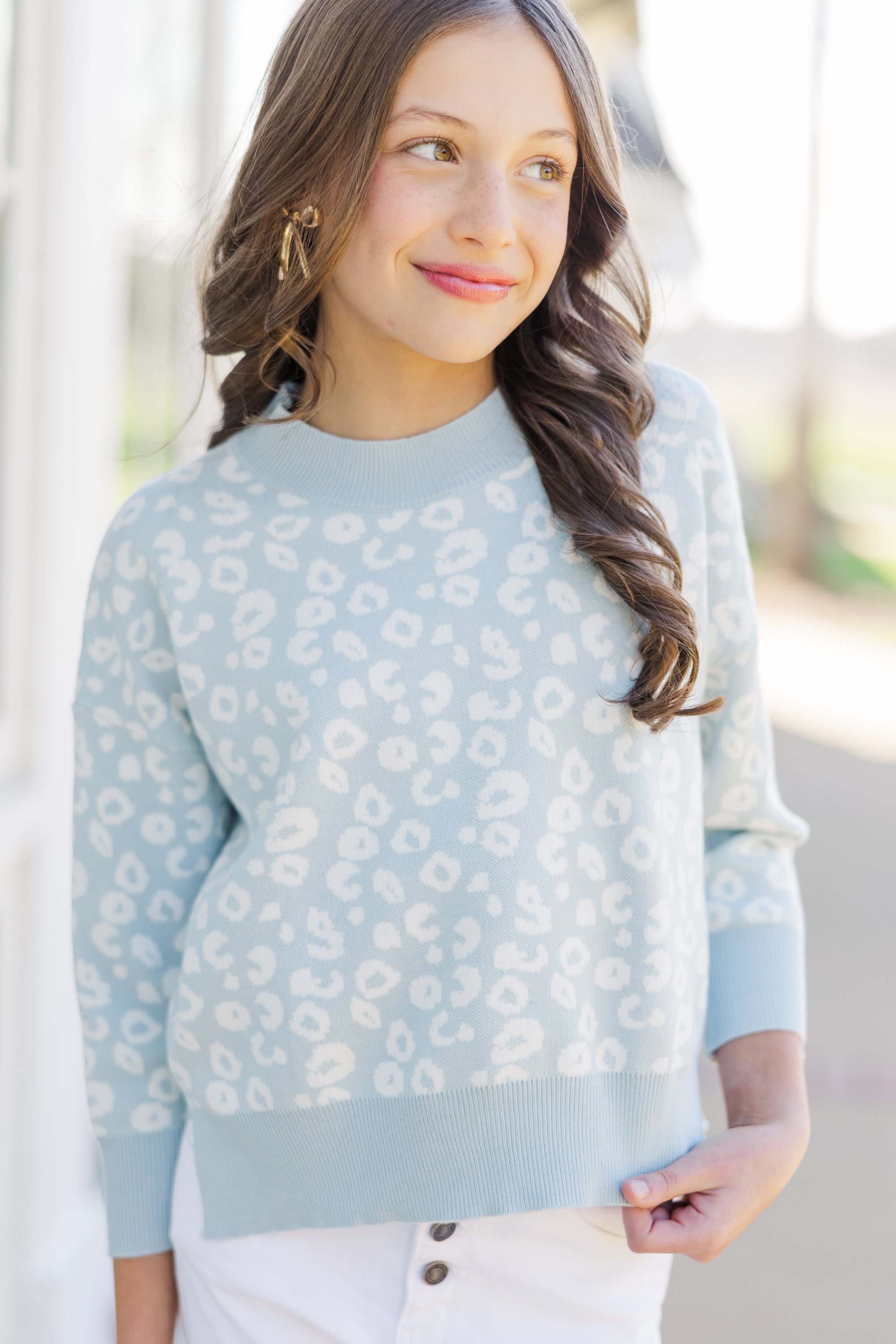 Girls' Irresistible Light Blue Leopard Sweater