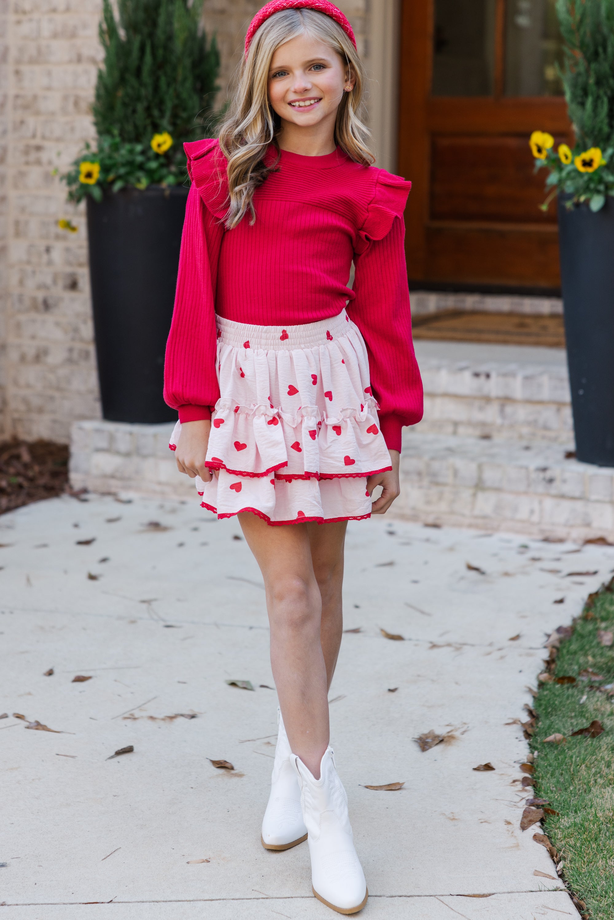 Girls' Reach-Out Red Ruffled Sweater: Look Adorable Now!