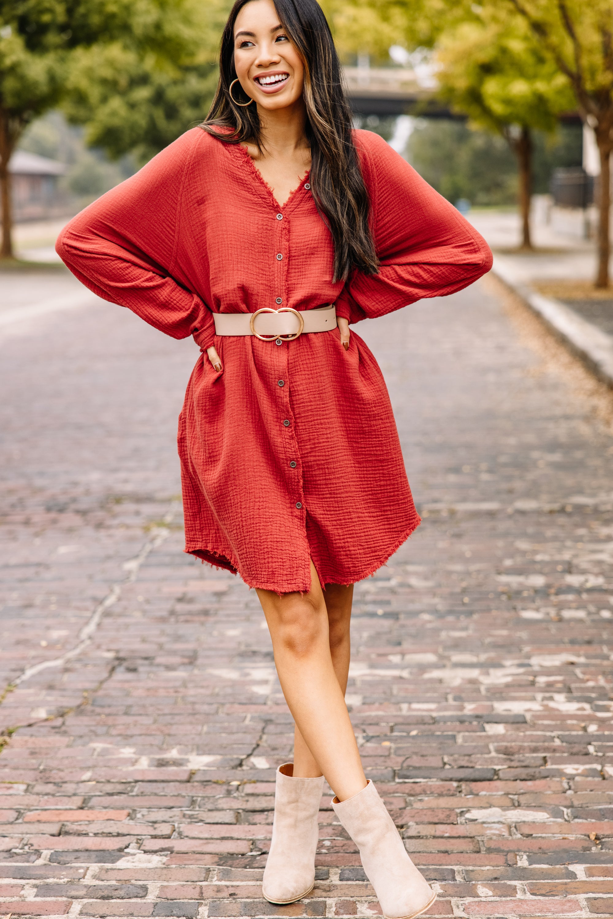 All Is Well Rust Orange Button-Down Dress: Trendy & Comfortable!