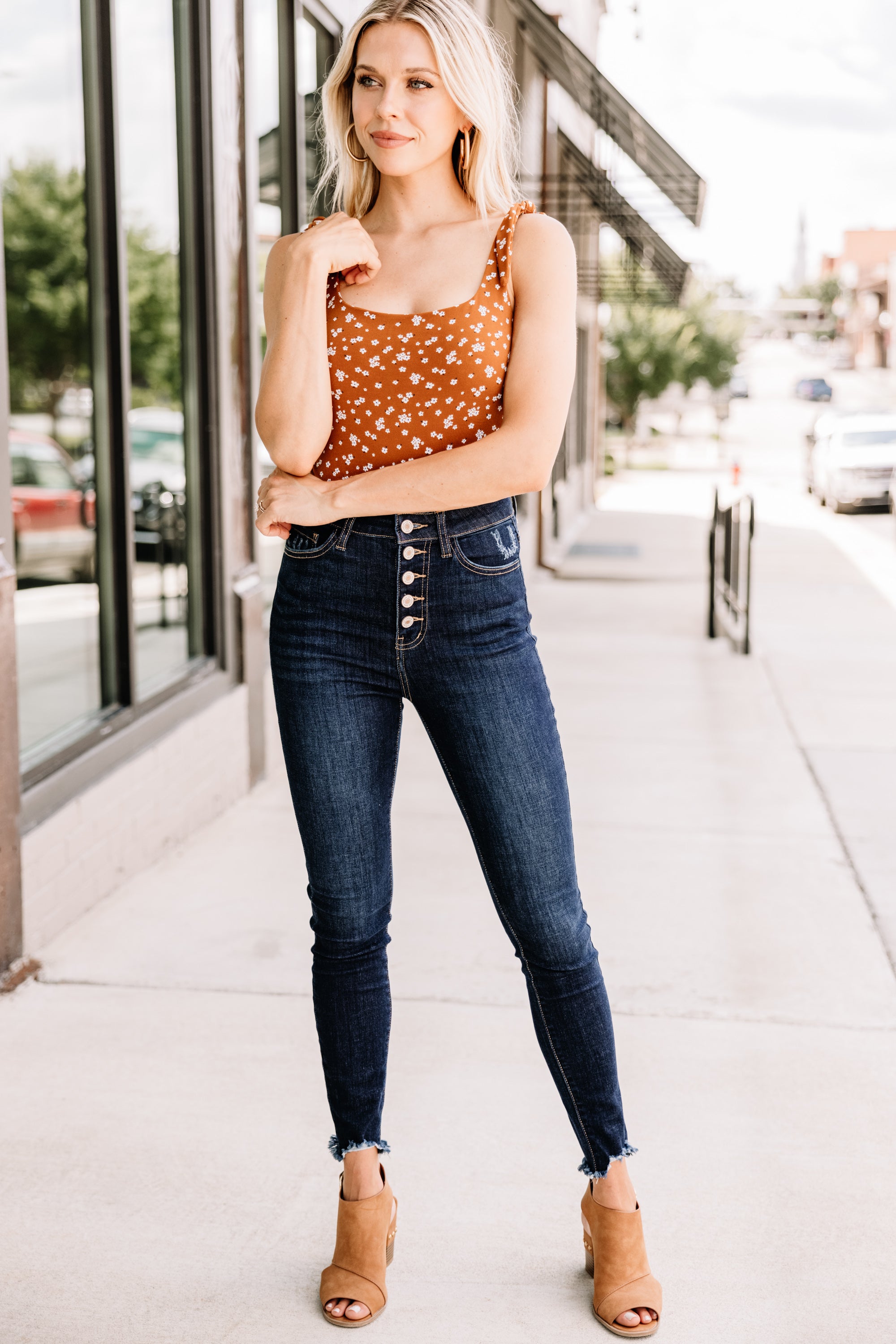 Fall-Favorite Be With Me Brown Ditsy Floral Bodysuit
