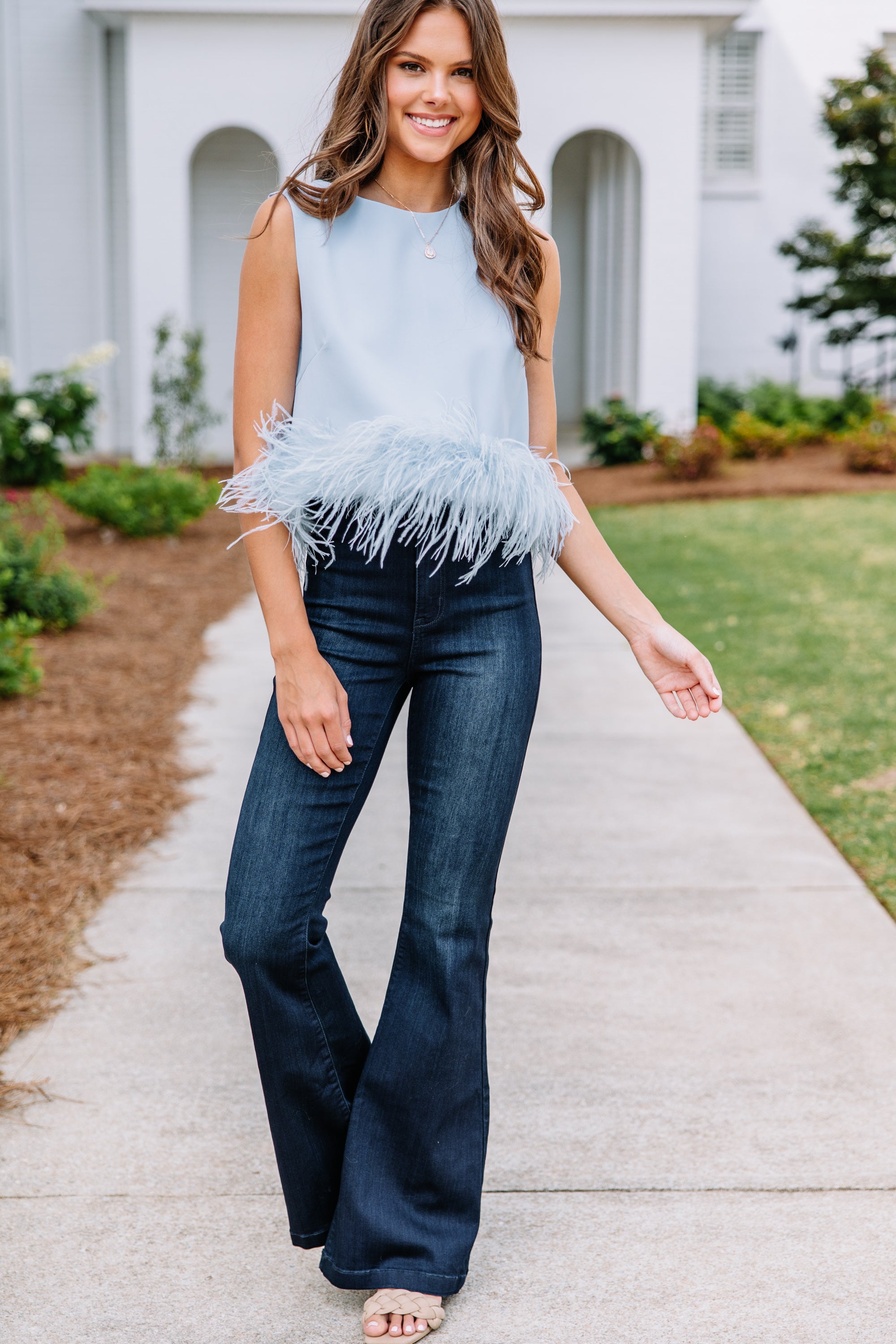Be The Drama: Stunning Light Blue Feather Trim Blouse
