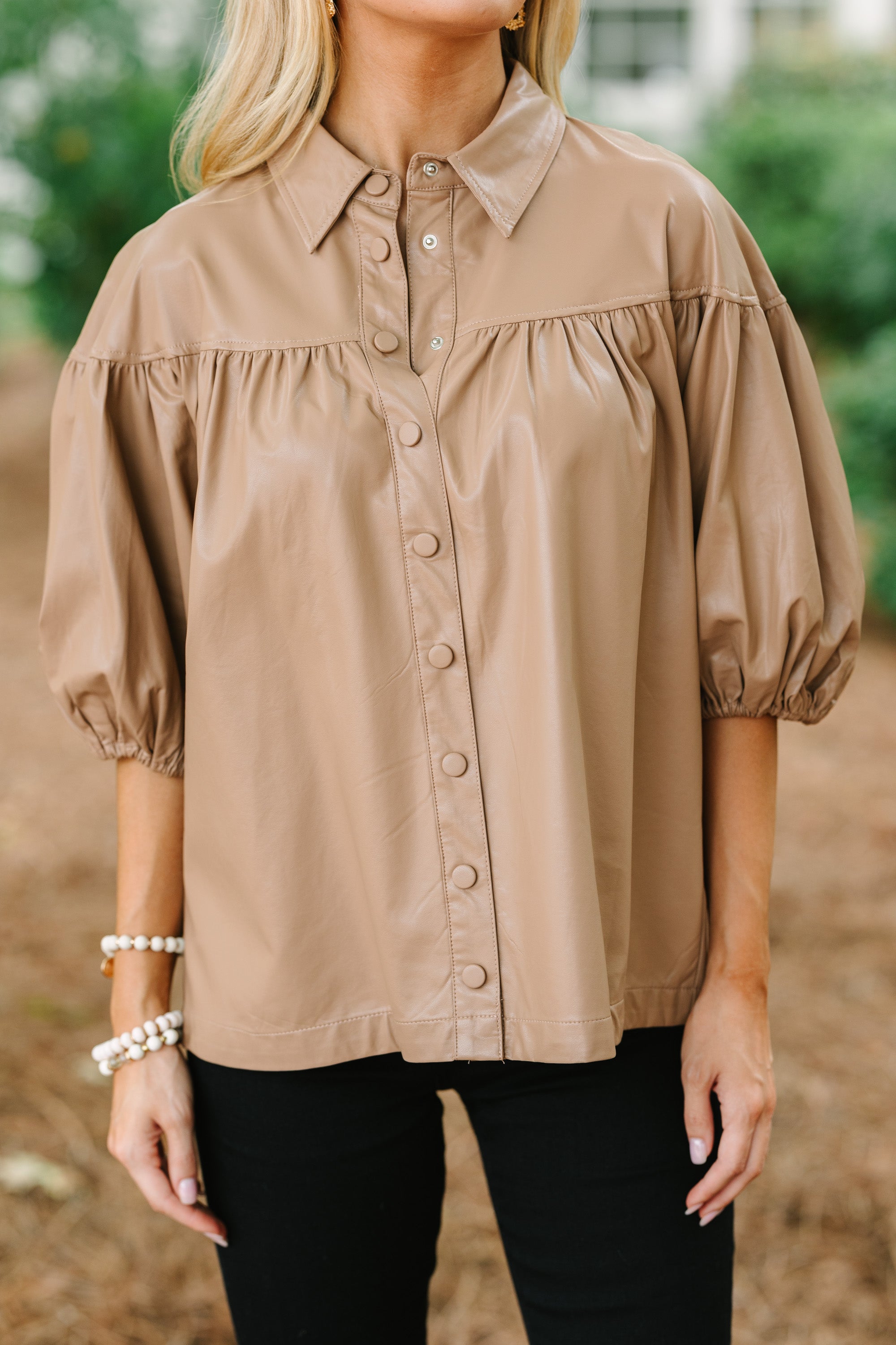 Stunning Camel Brown Faux Leather Blouse - Be Bold!