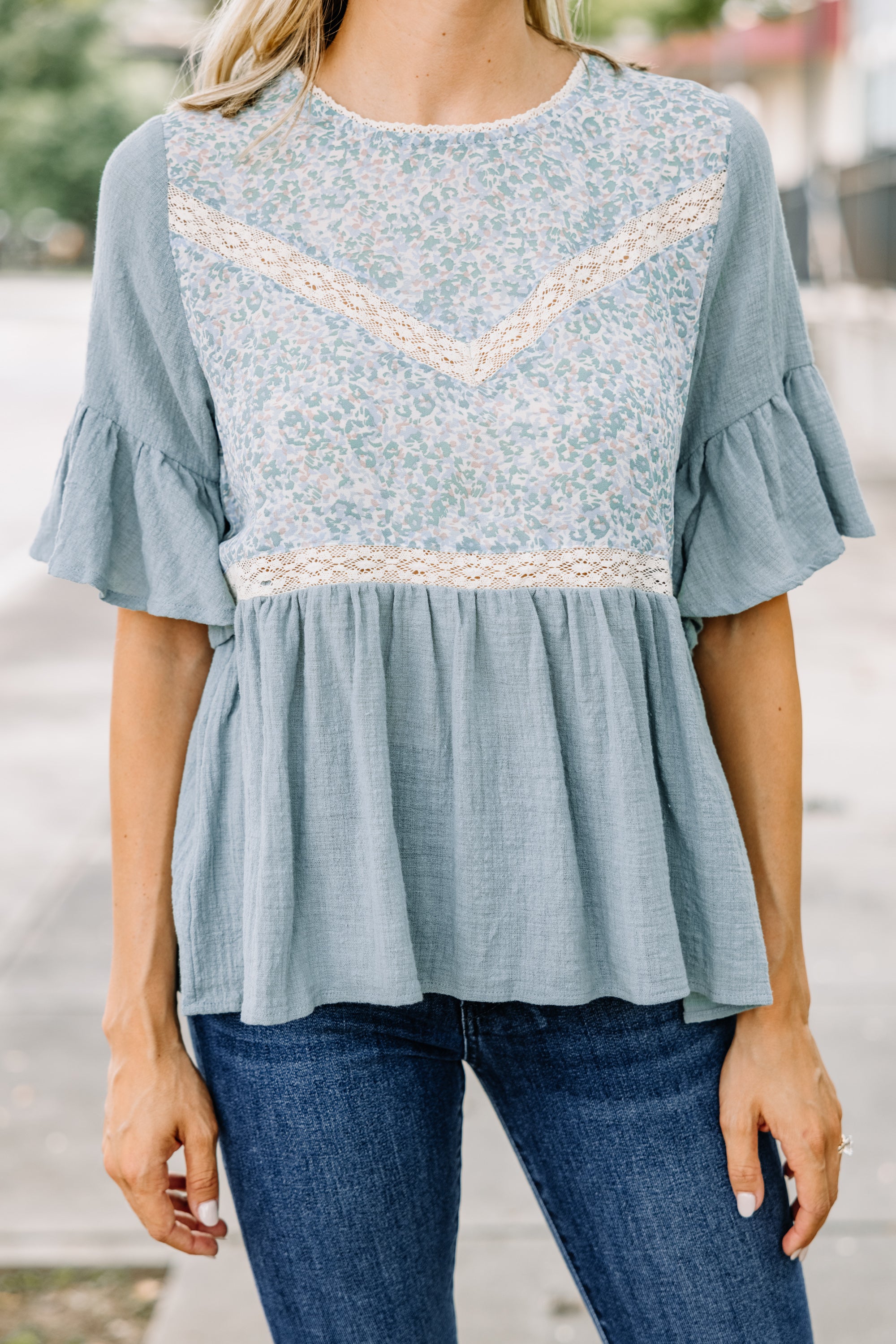 Be True Enchanting Dusty Blue Lace Babydoll Blouse