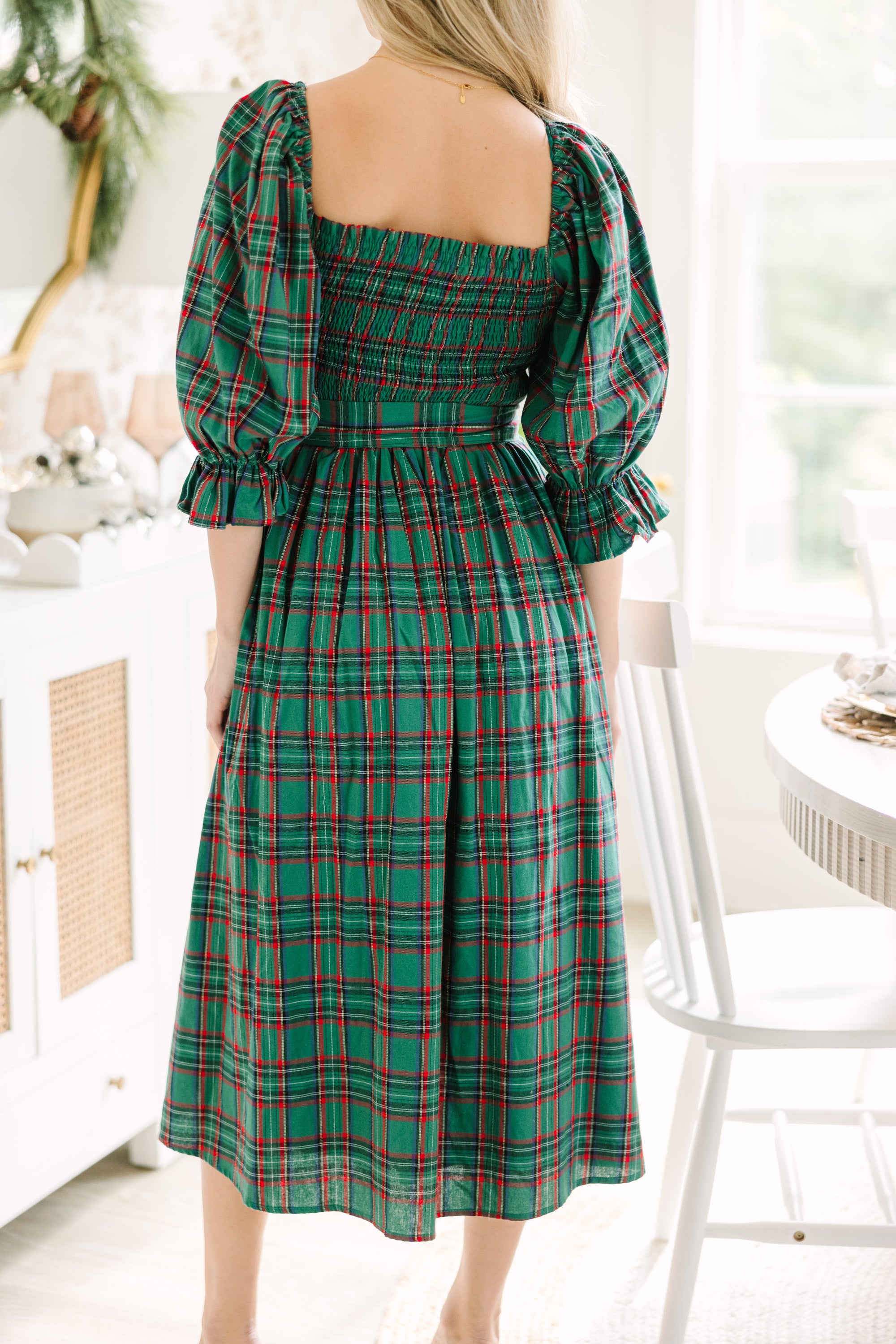 Enchanting Green Tartan Plaid Midi Dress for the Holidays