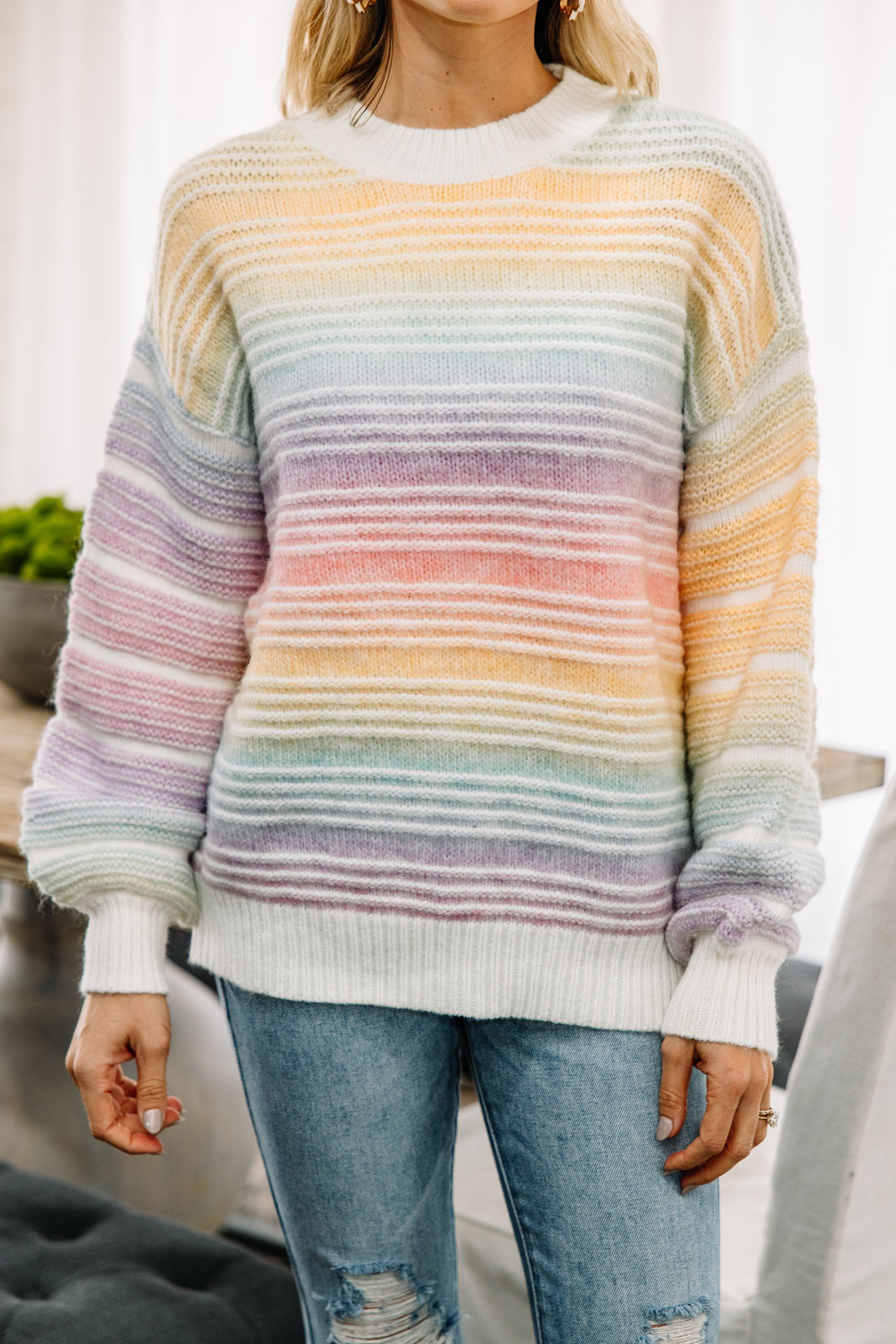 Gorgeous Happy To Be Here Rainbow Pink Striped Sweater