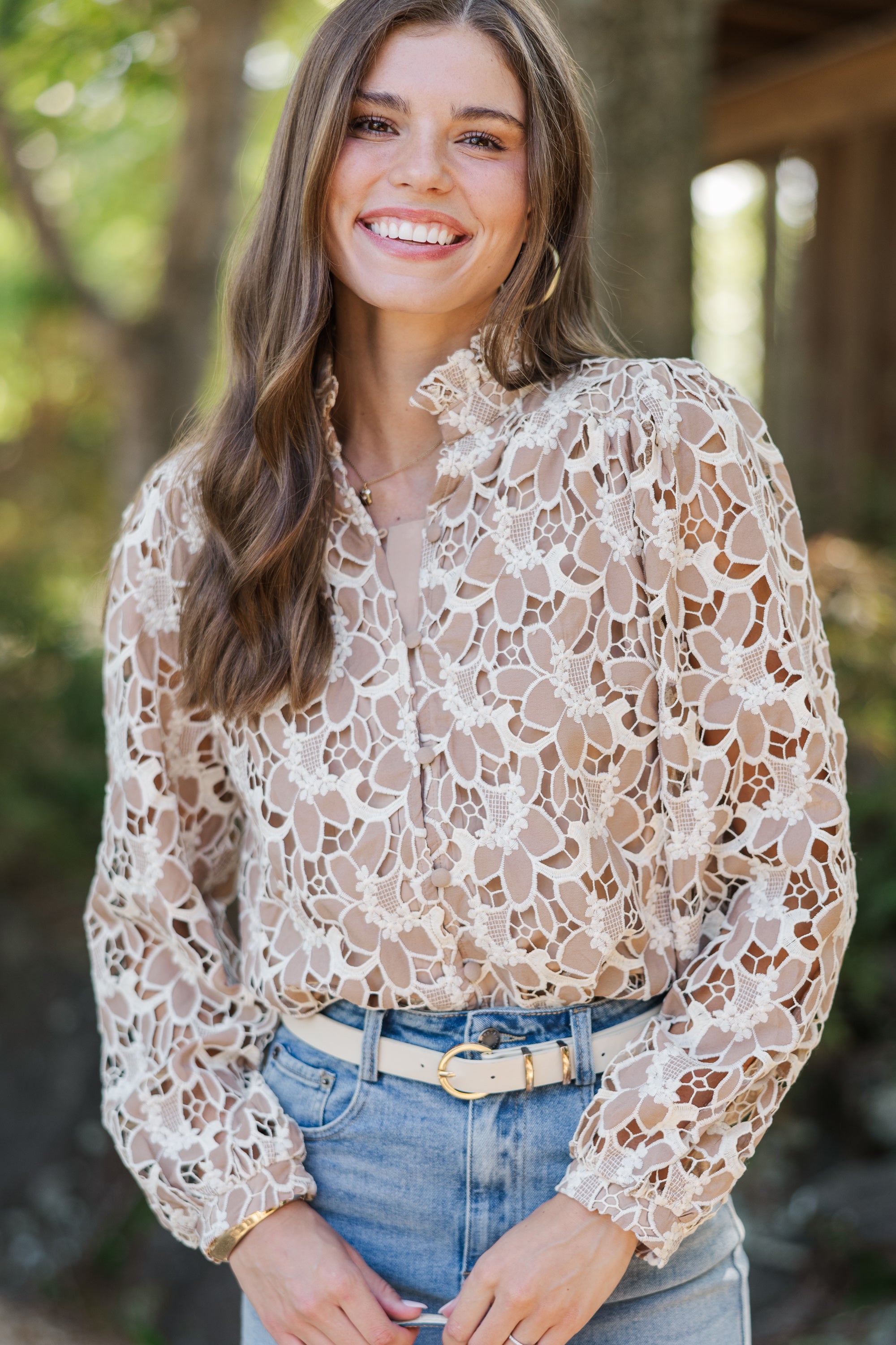 Fall-In-Love Taupe Crochet Blouse