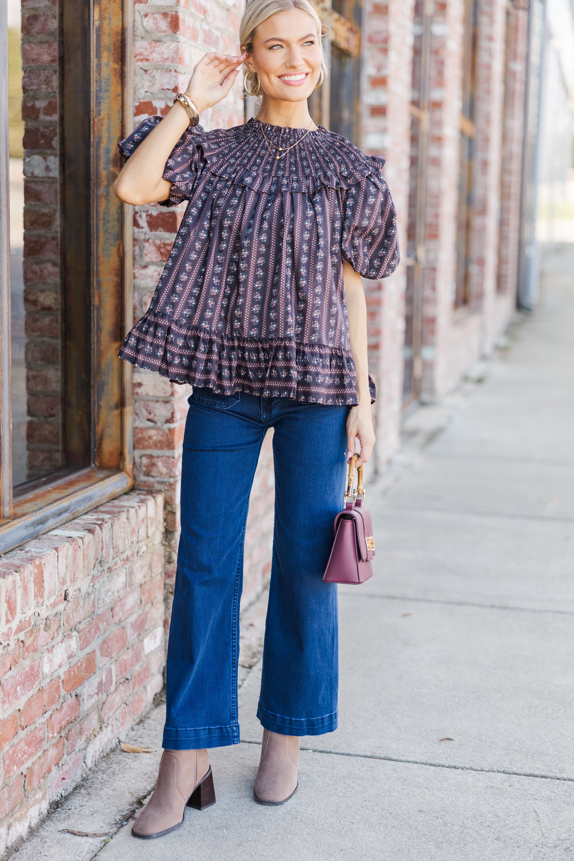 Aureum: Unforgettable Black Ditsy Floral Babydoll Blouse