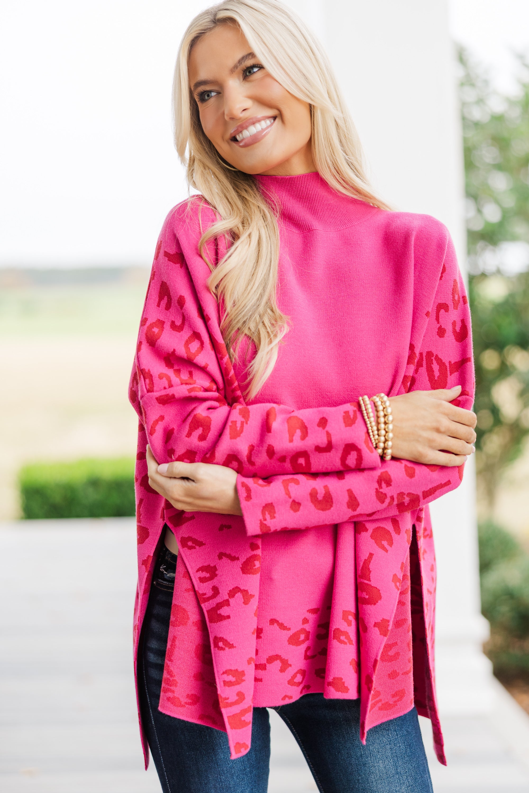 All In Theory Fuchsia Pink Leopard Print Sweater Tunic - A Fashion Statement!