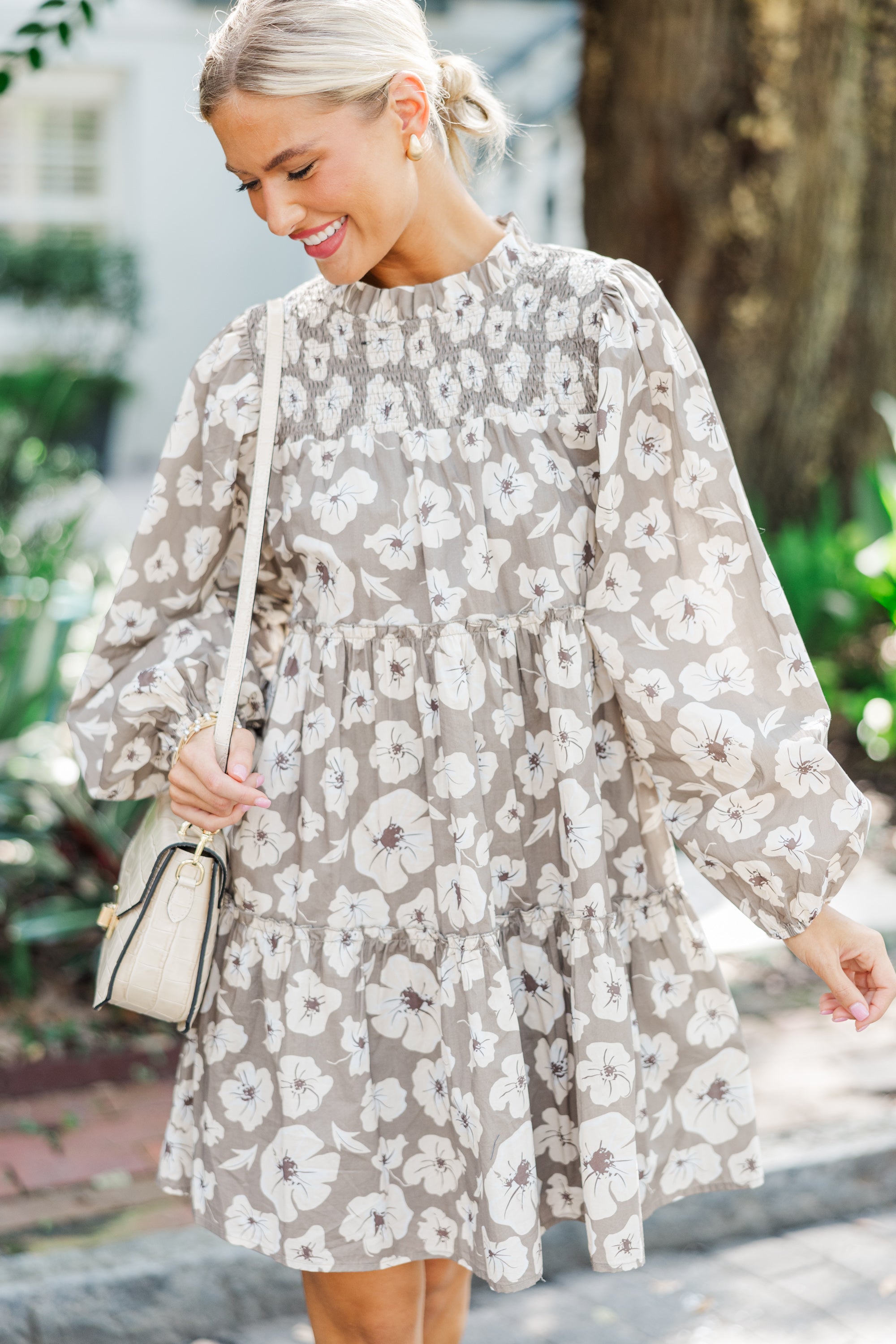 Gorgeous Taupe Brown Floral Babydoll Dress - Be Your Best!
