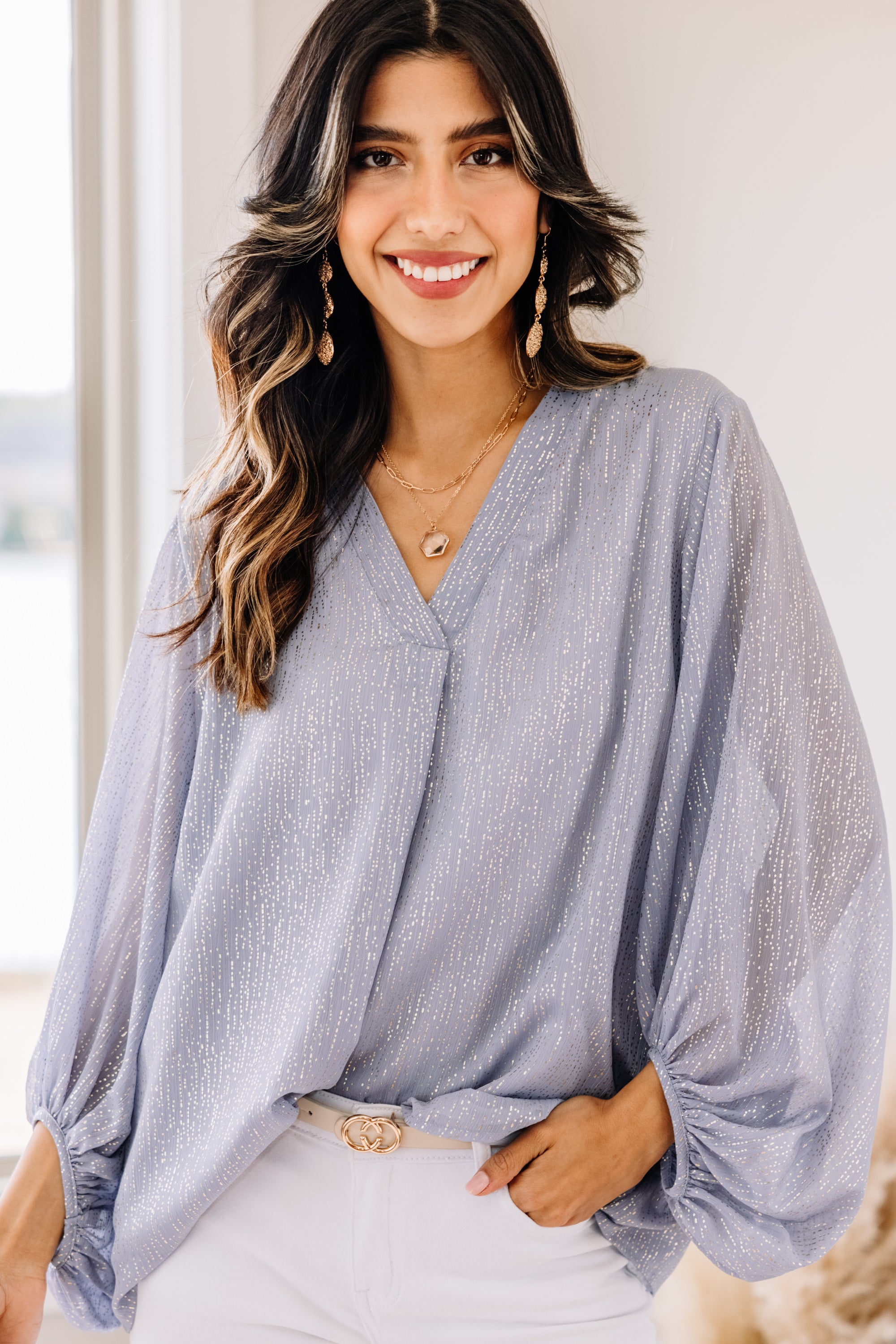 Confidence-Boosting Misty Blue Bubble Sleeve Blouse