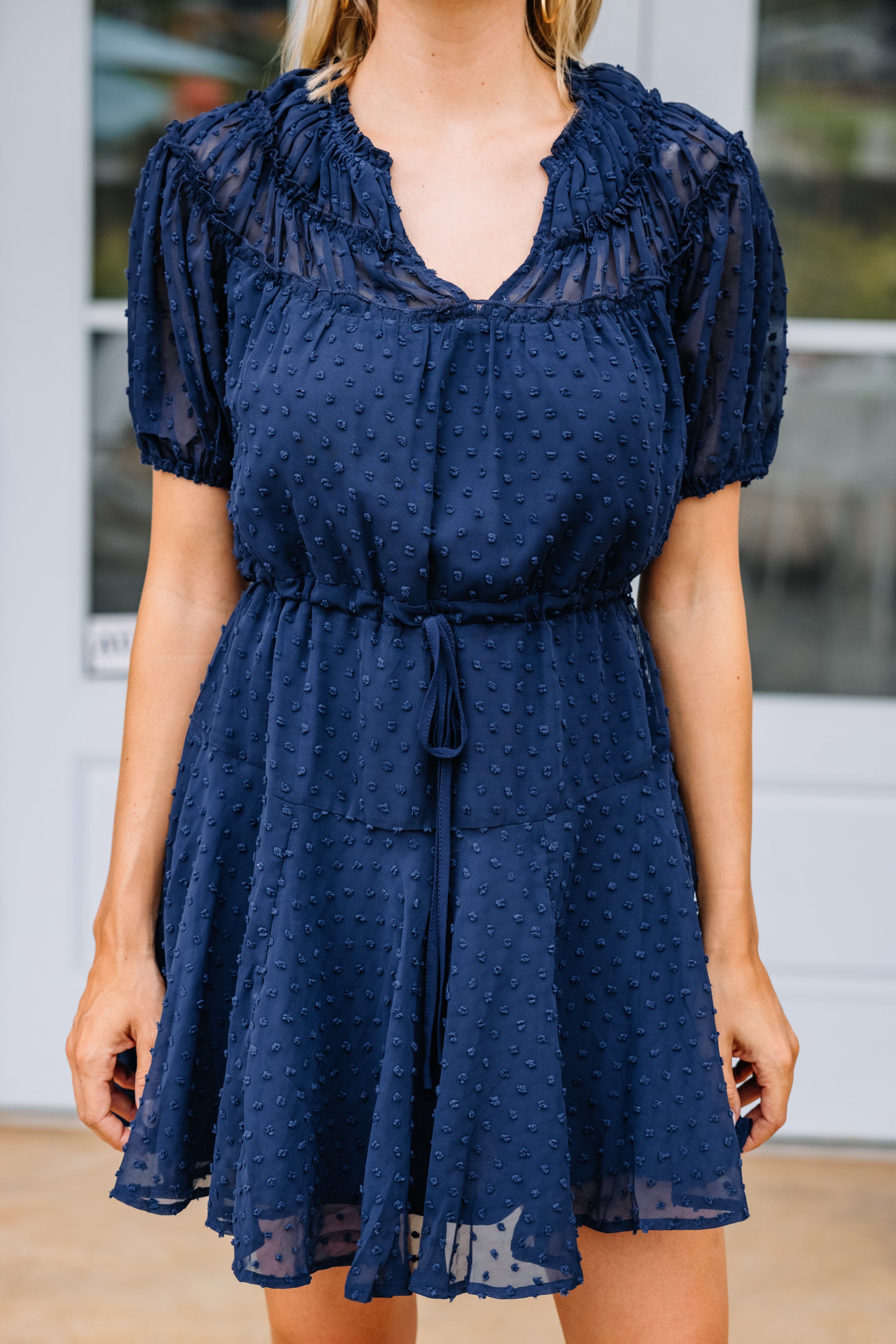 Enchanting Navy Blue Swiss Dot Dress - Be With You!