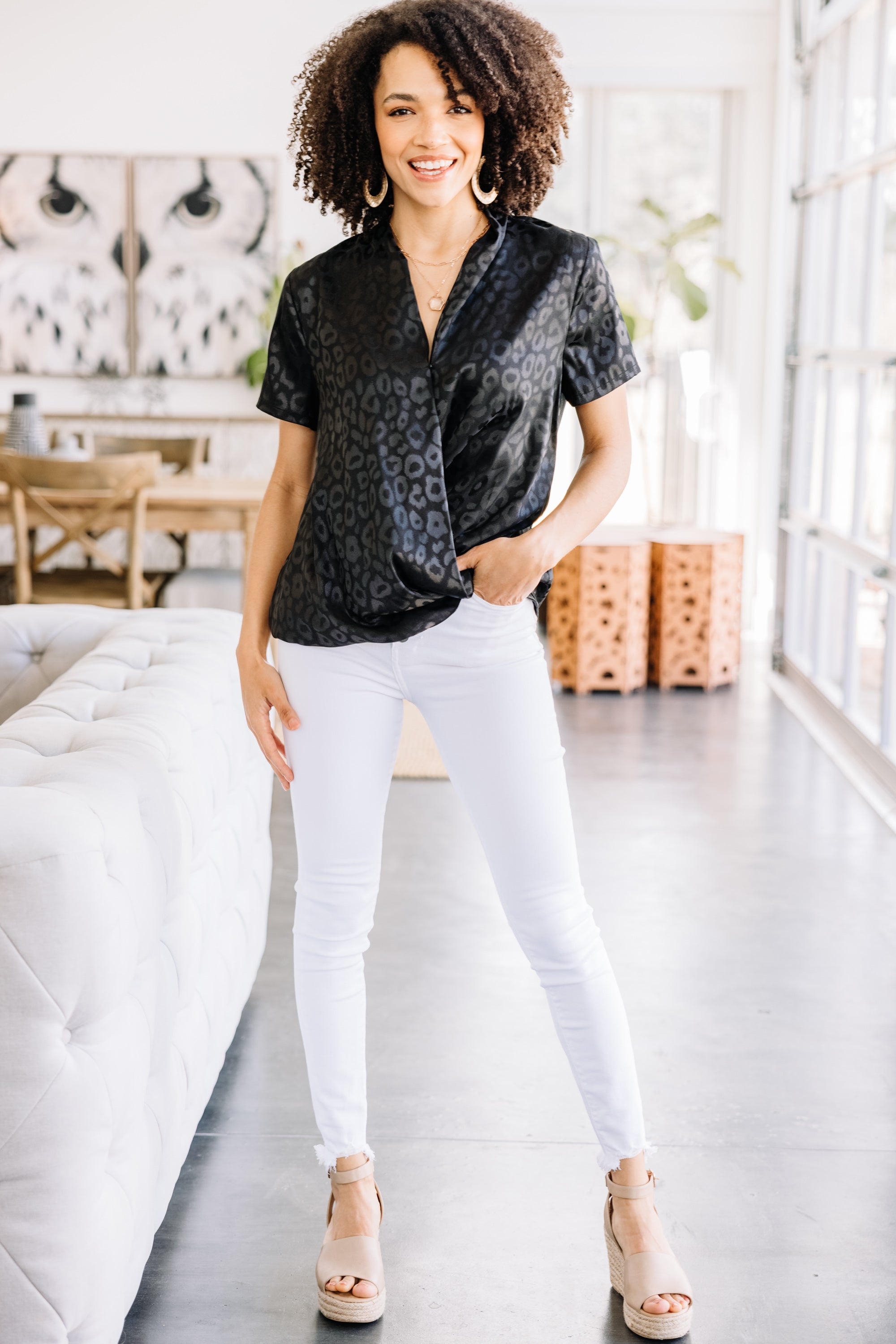 All My Love Enchanting Black Satin Leopard Print Blouse
