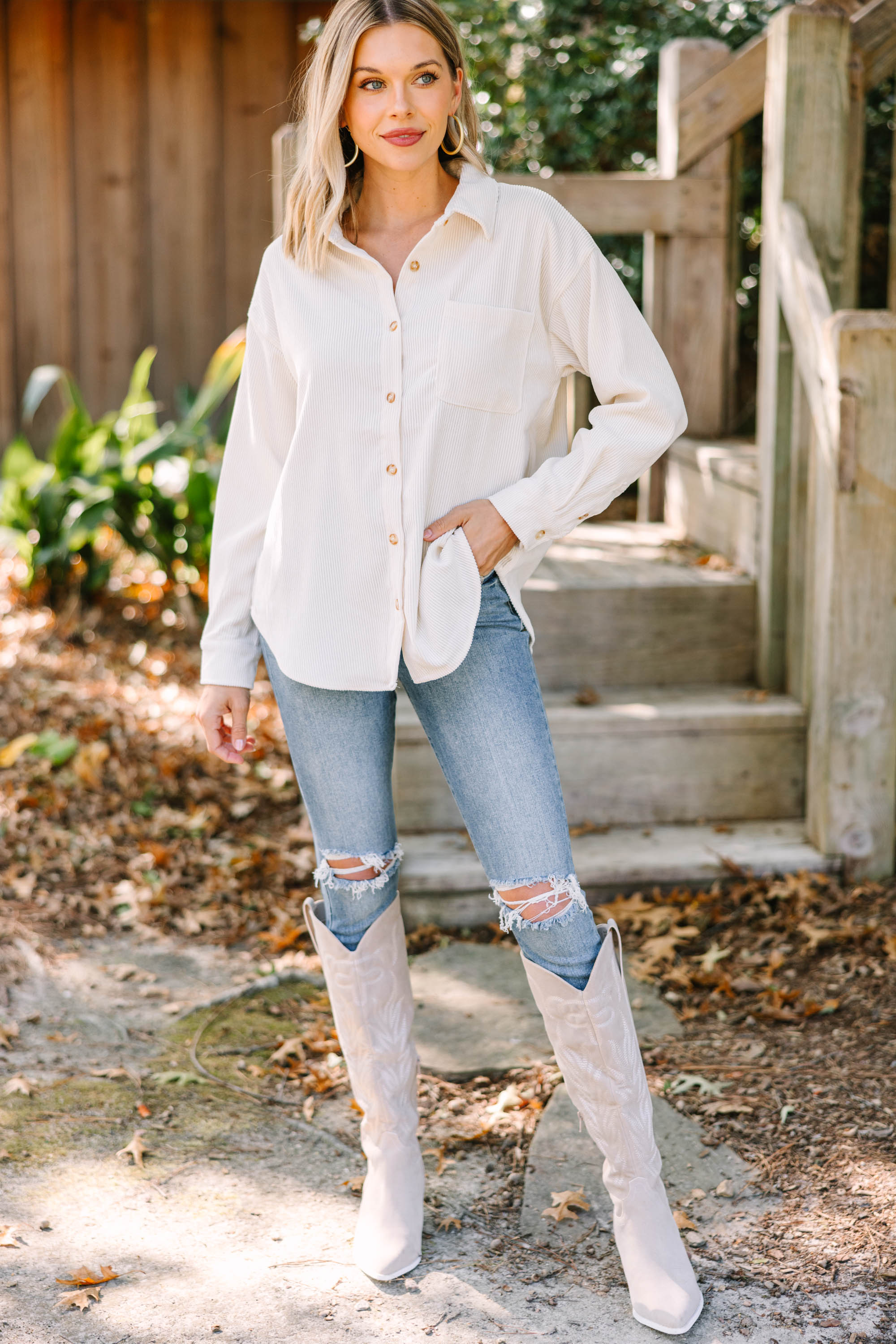 Feel Your Best in This Ivory White Corduroy Shacket