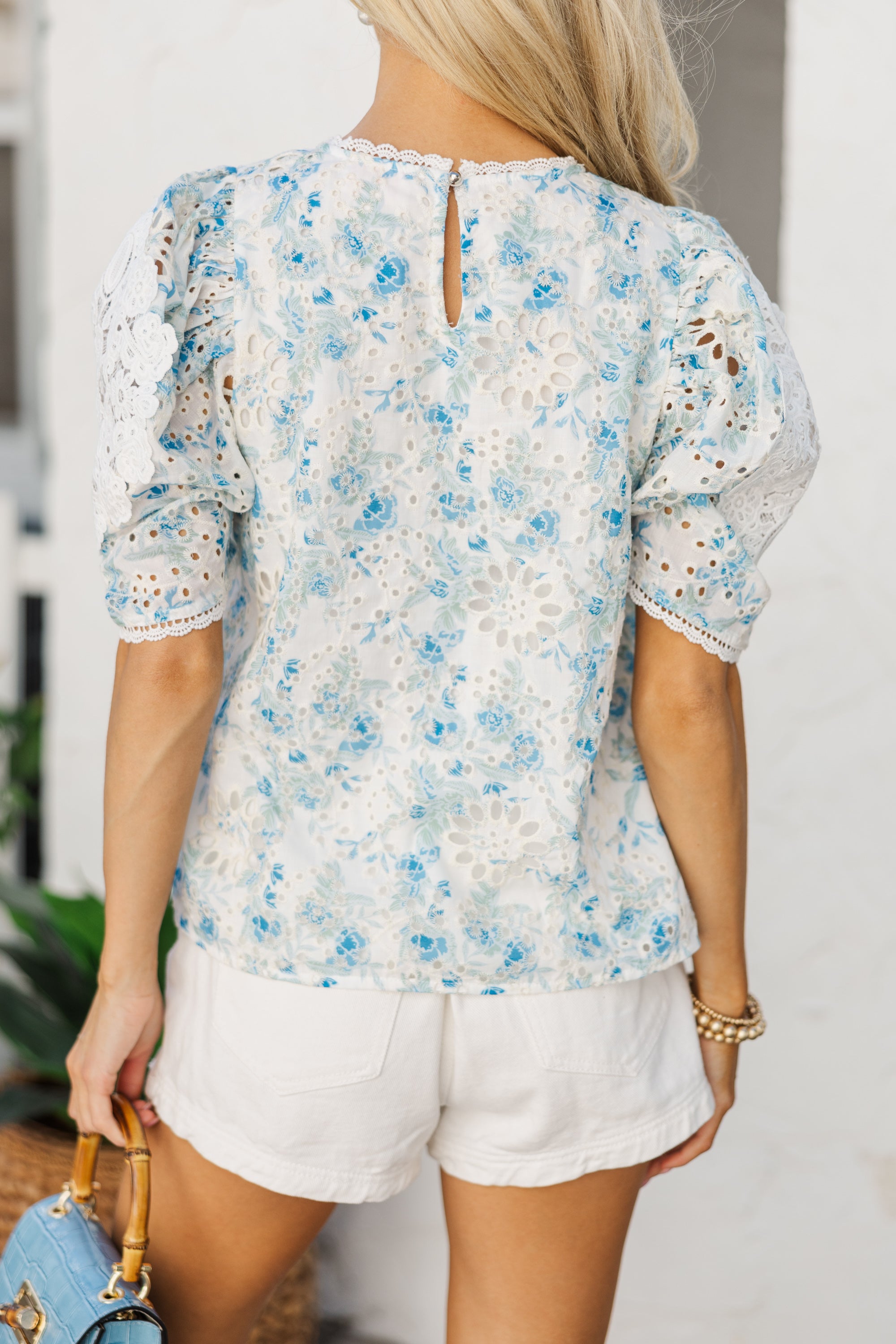 Joyful Blue Floral Eyelet Delight Blouse
