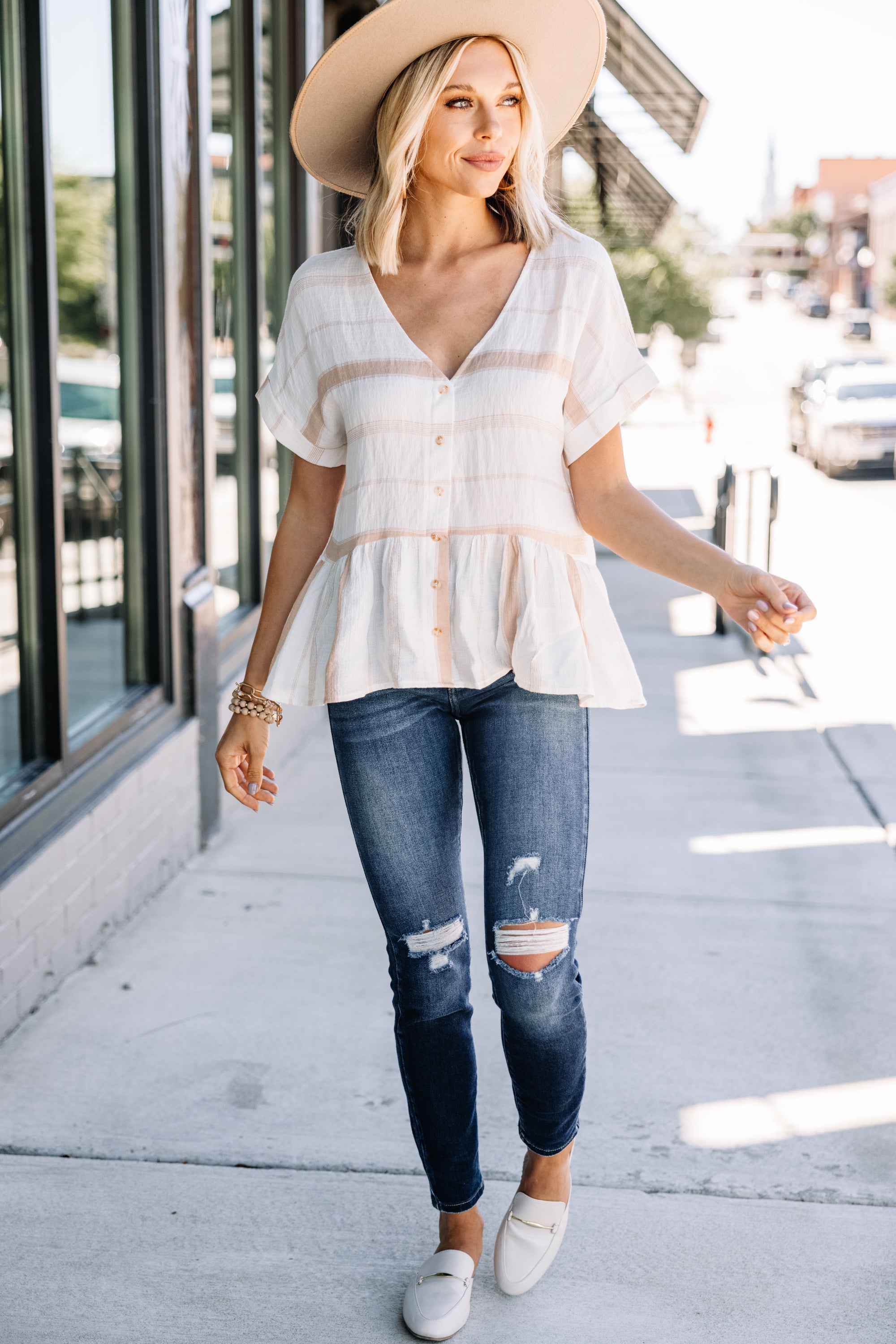 Irresistible Taupe Brown Striped Babydoll Top - A Must-Have!