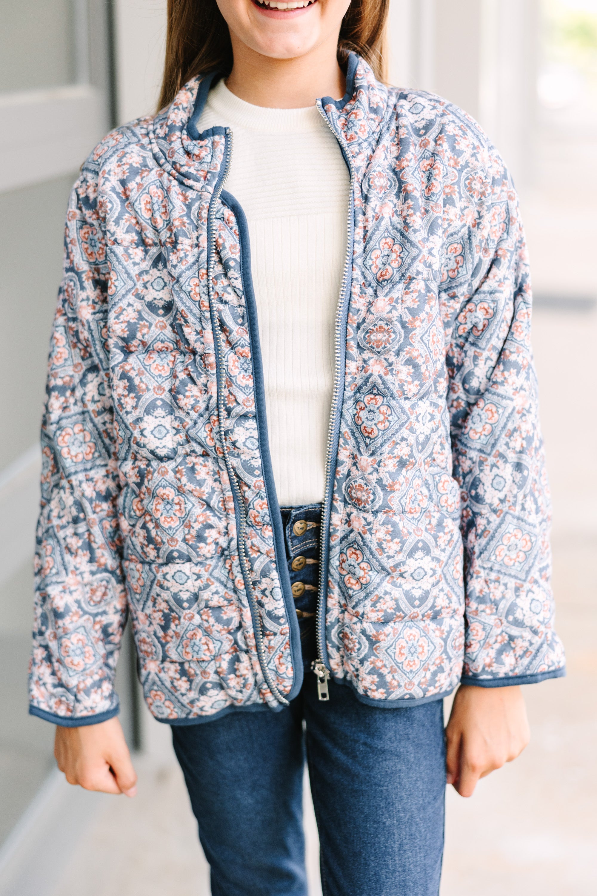 Gorgeous Girls' Blue Paisley Quilted Jacket: See Your Style Through!